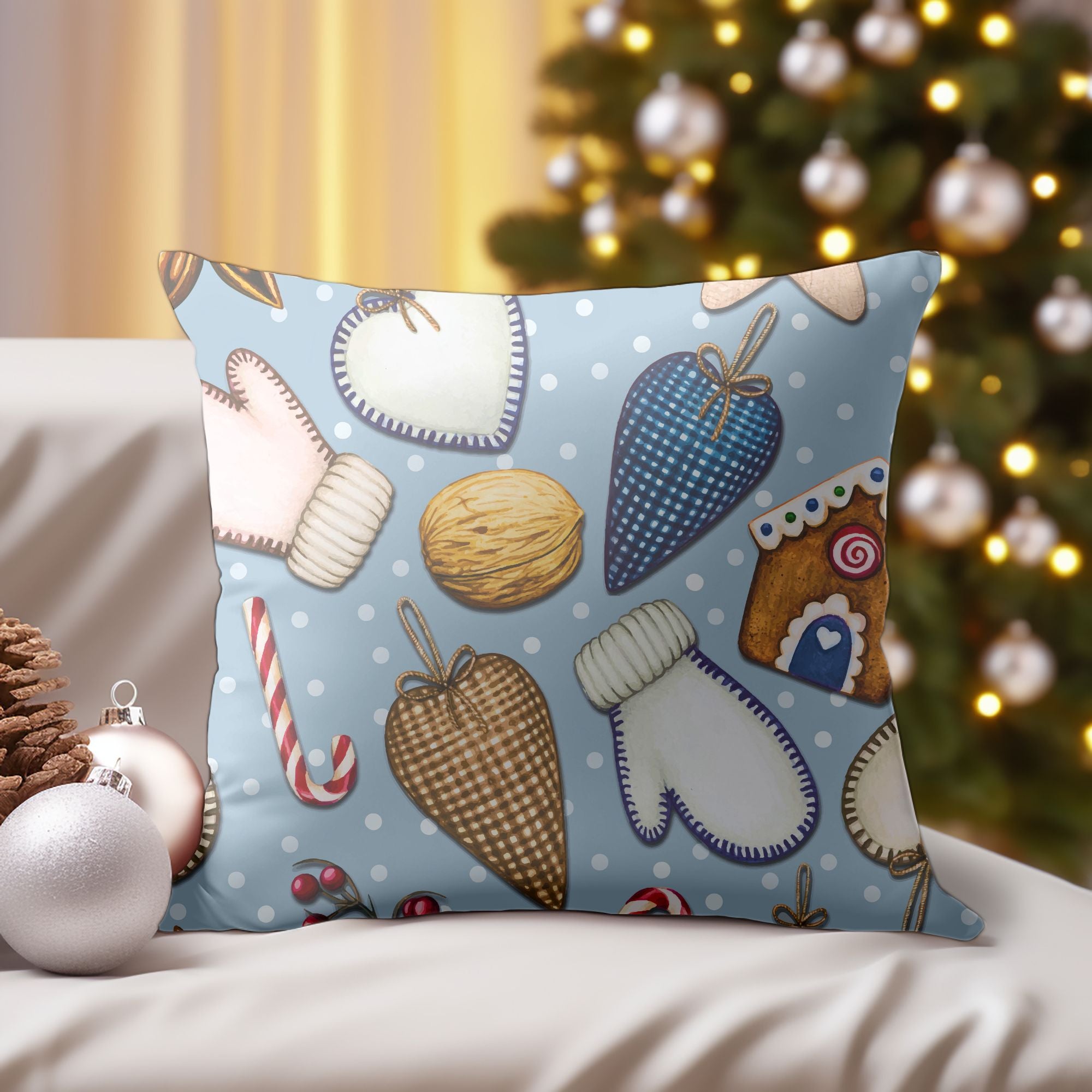 Christmas Ornament Pattern Throw Pillow featuring vibrant festive designs on one side and light cream back, ideal for holiday decor.