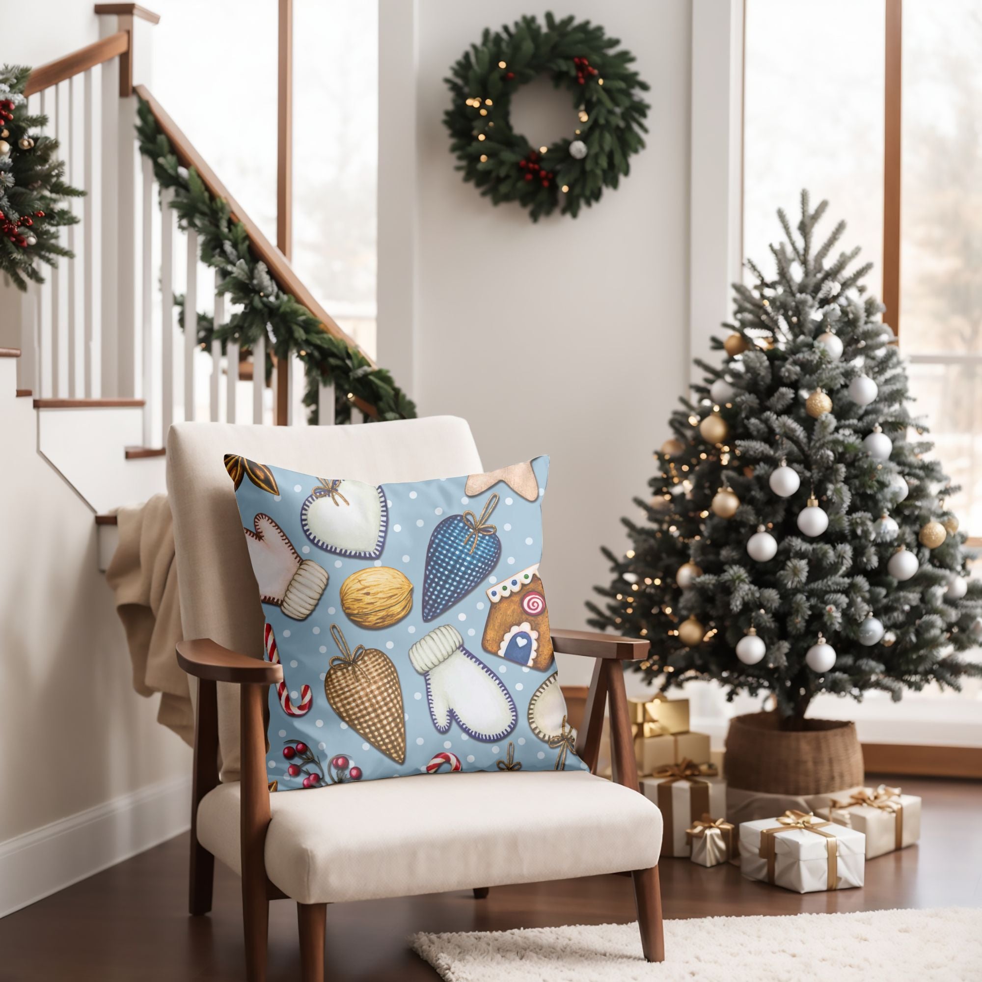 Christmas Ornament Pattern Throw Pillow featuring vibrant festive designs on one side and light cream back, ideal for holiday decor.