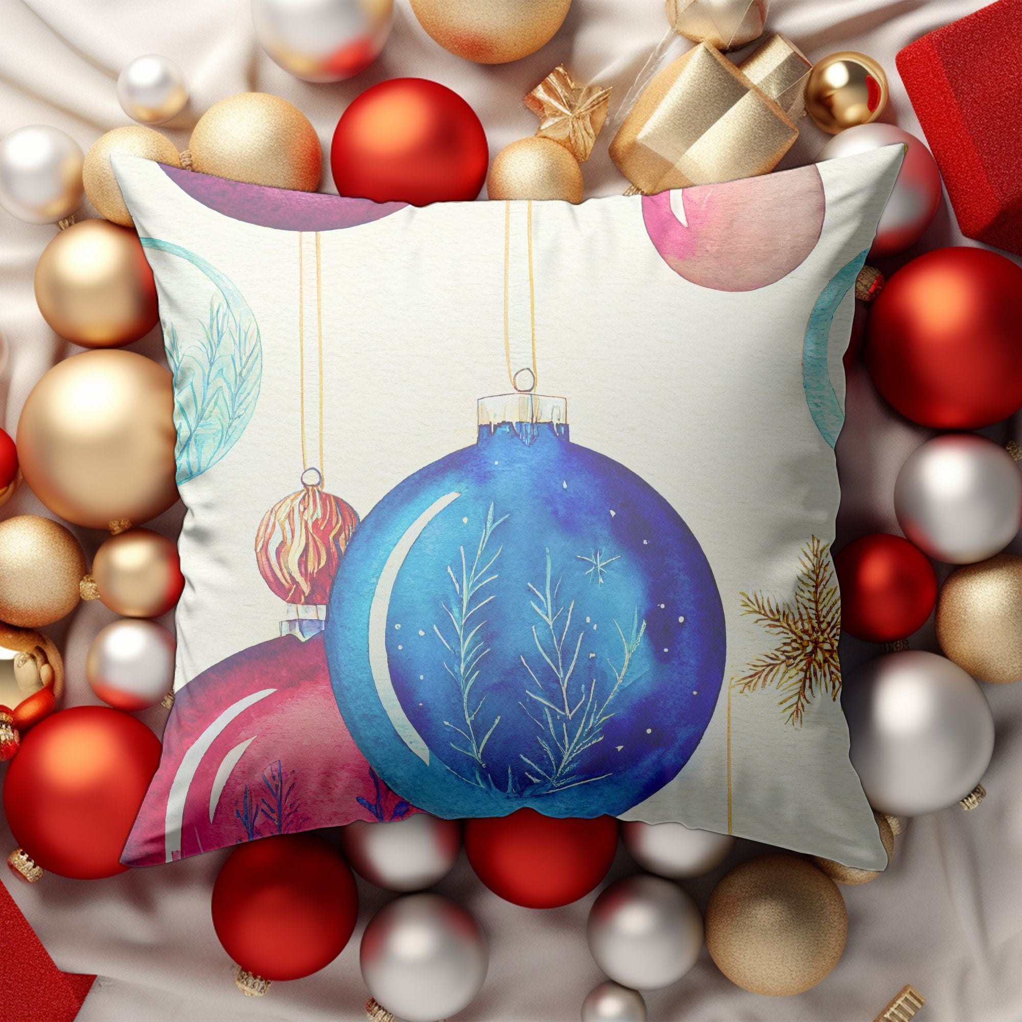 Christmas Ornaments Throw Cushion featuring vibrant holiday designs and a light cream back, perfect for festive decor.