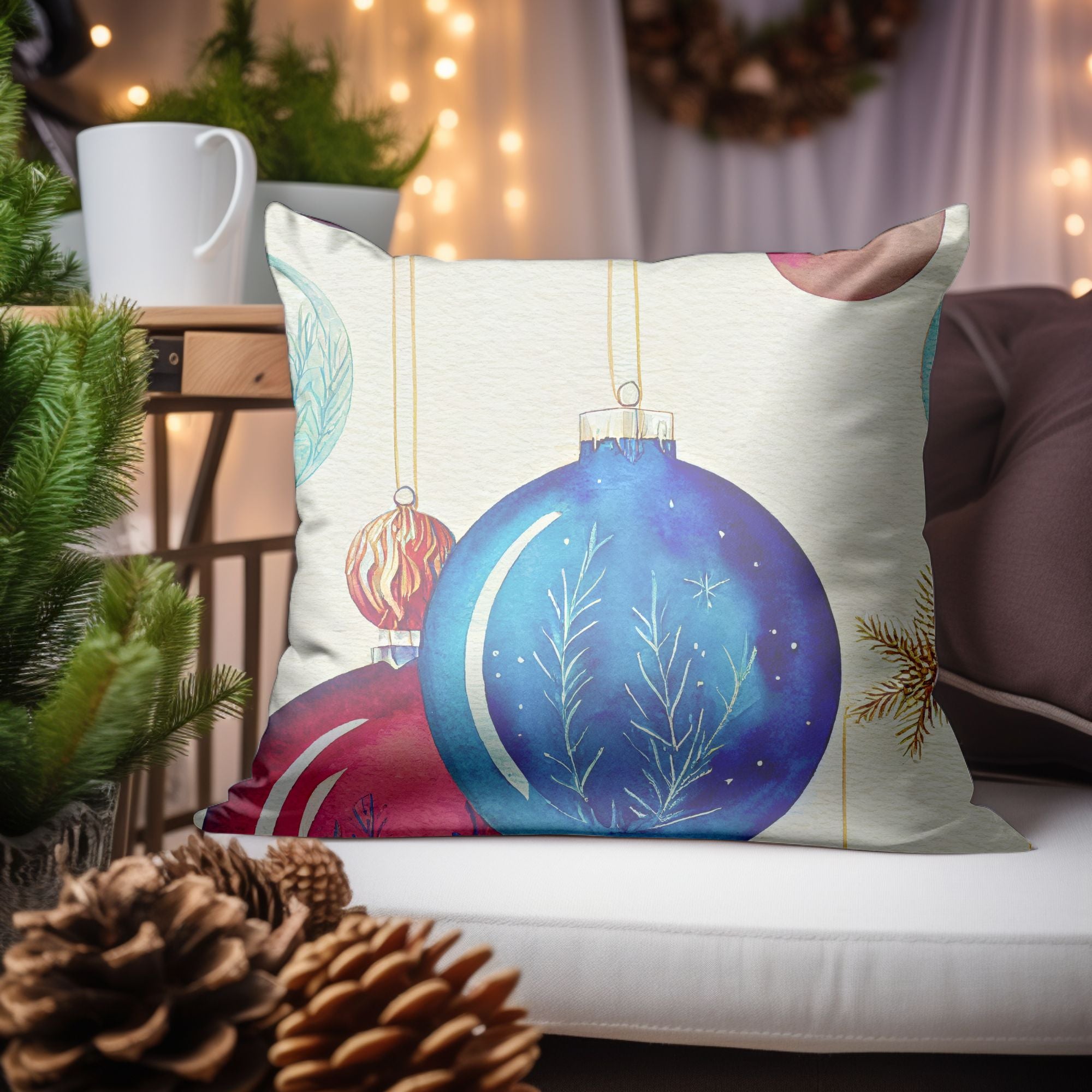 Christmas Ornaments Throw Cushion featuring vibrant holiday designs and a light cream back, perfect for festive decor.