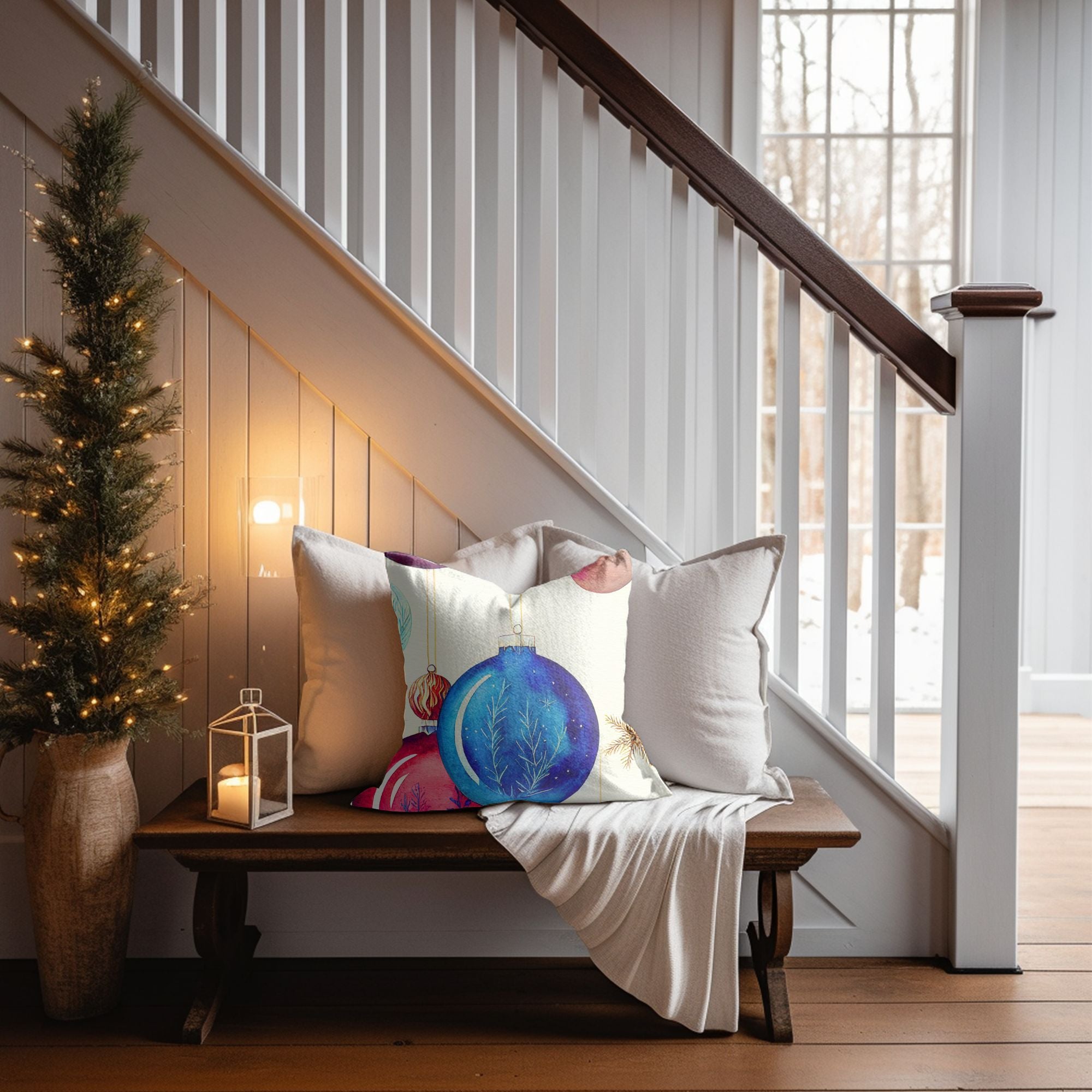 Christmas Ornaments Throw Cushion featuring vibrant holiday designs and a light cream back, perfect for festive decor.