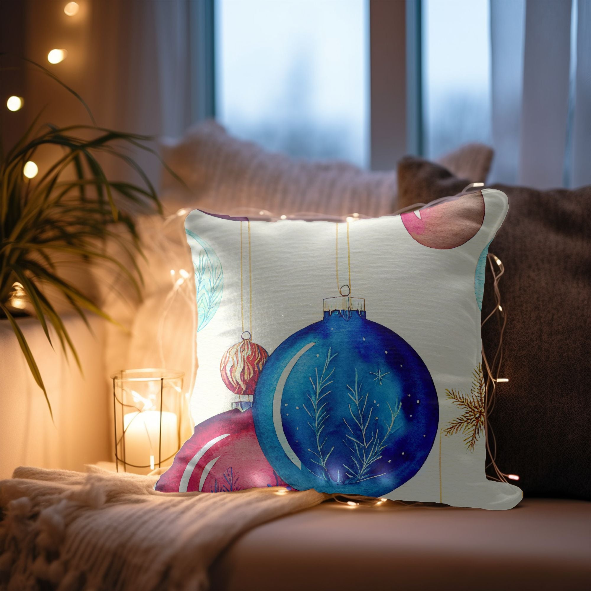 Christmas Ornaments Throw Cushion featuring vibrant holiday designs and a light cream back, perfect for festive decor.