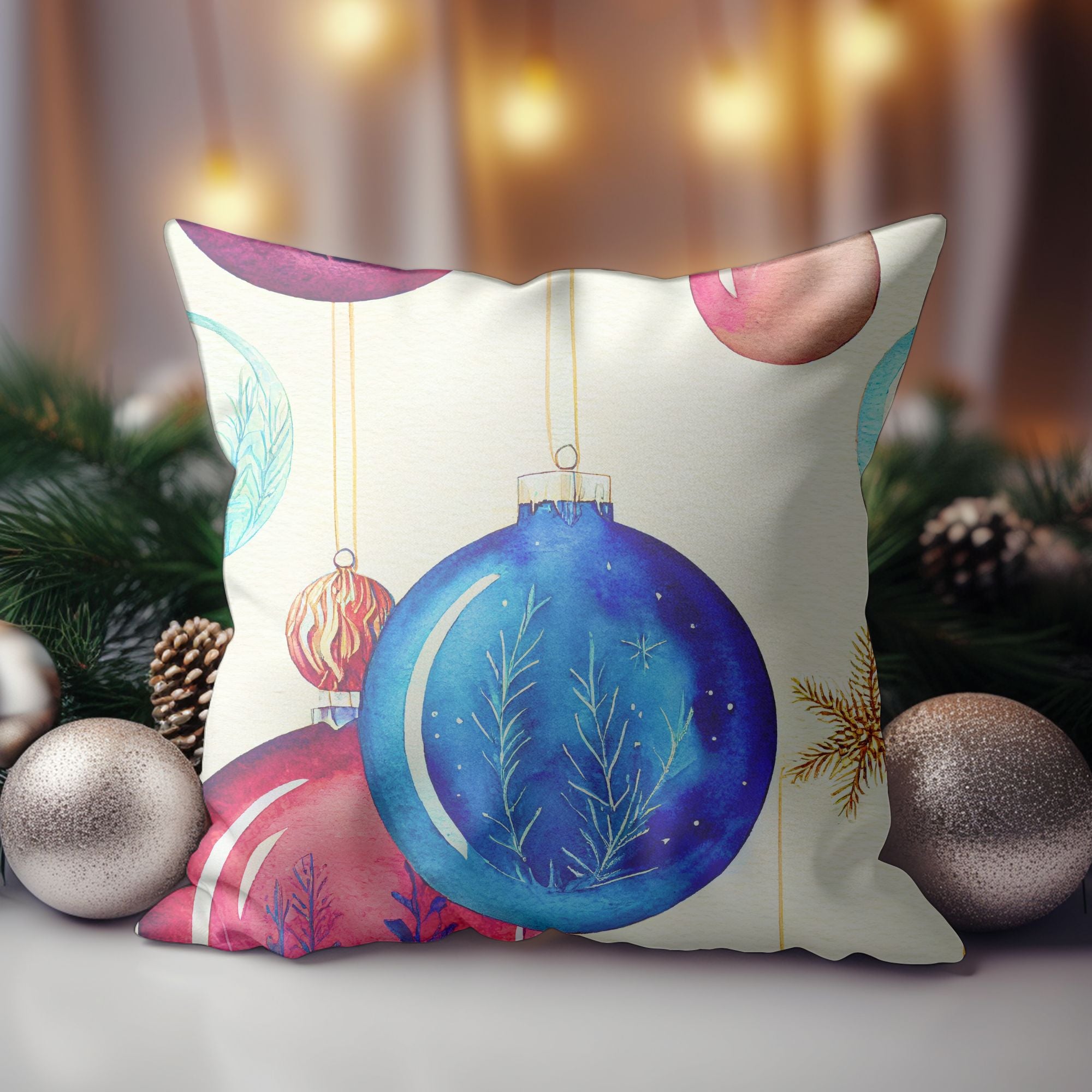 Christmas Ornaments Throw Cushion featuring vibrant holiday designs and a light cream back, perfect for festive decor.