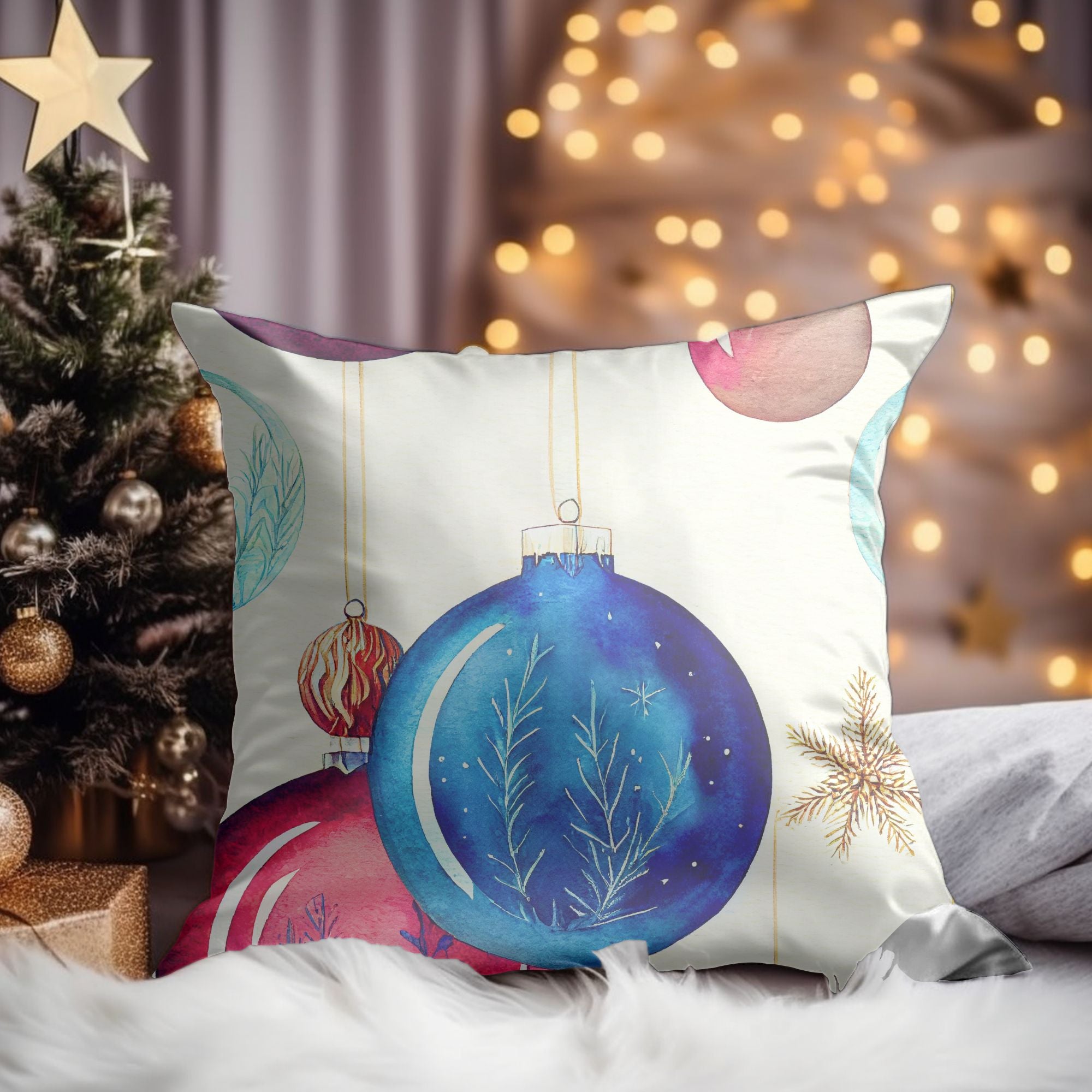 Christmas Ornaments Throw Cushion featuring vibrant holiday designs and a light cream back, perfect for festive decor.