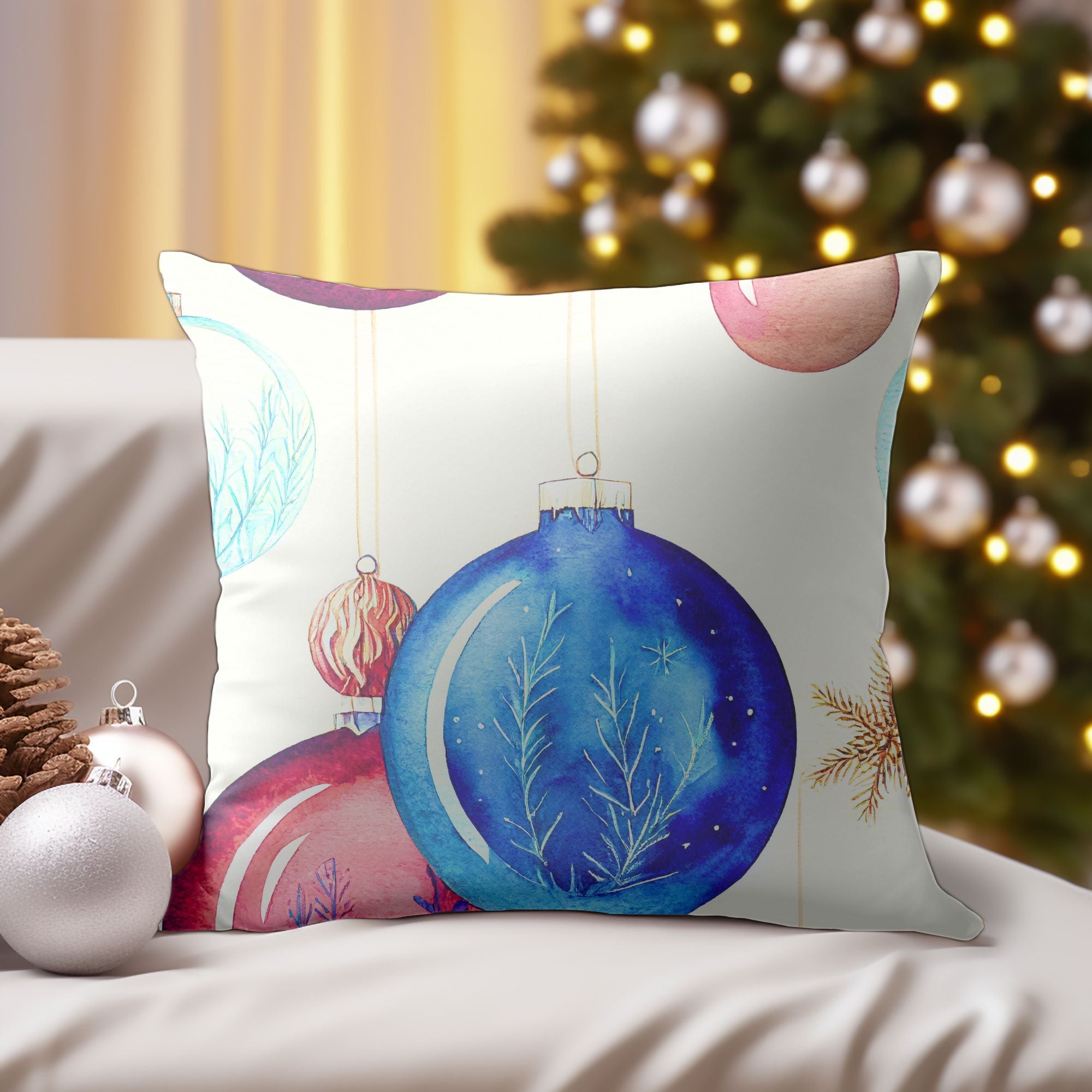 Christmas Ornaments Throw Cushion featuring vibrant holiday designs and a light cream back, perfect for festive decor.