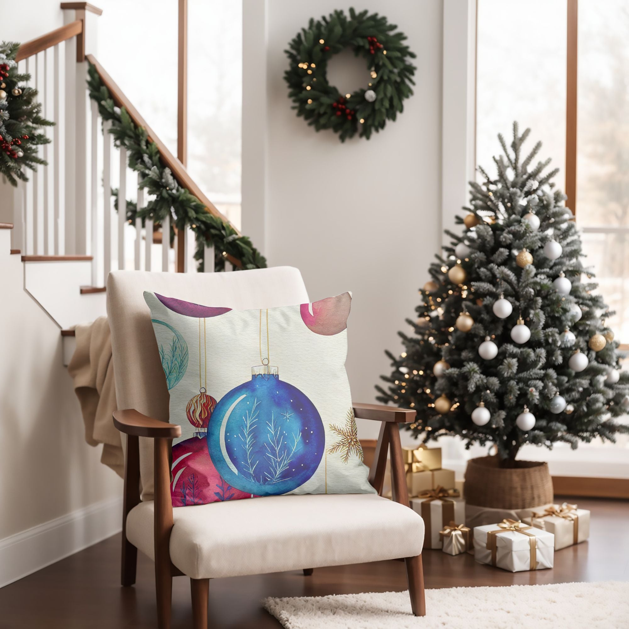 Christmas Ornaments Throw Cushion featuring vibrant holiday designs and a light cream back, perfect for festive decor.