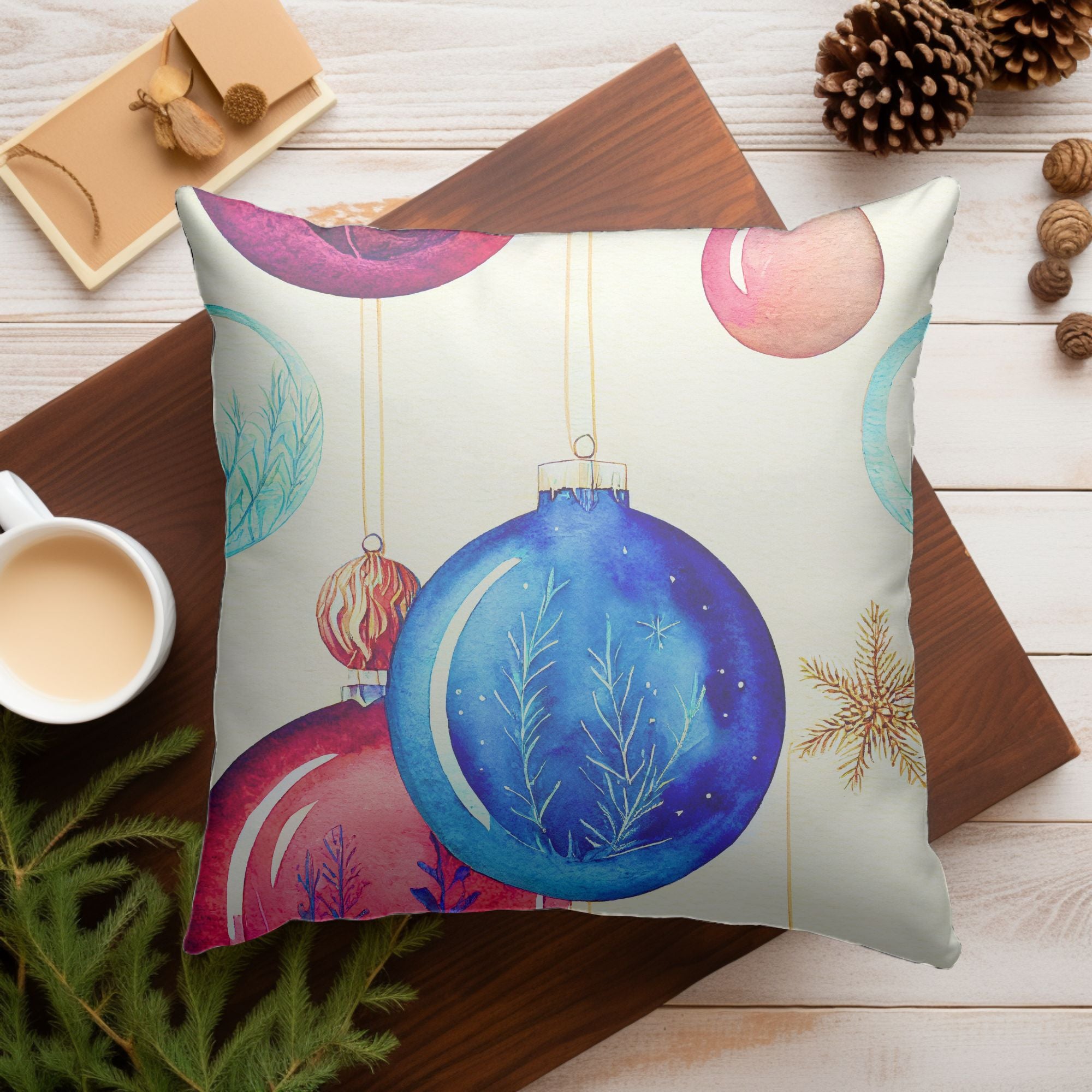 Christmas Ornaments Throw Cushion featuring vibrant holiday designs and a light cream back, perfect for festive decor.