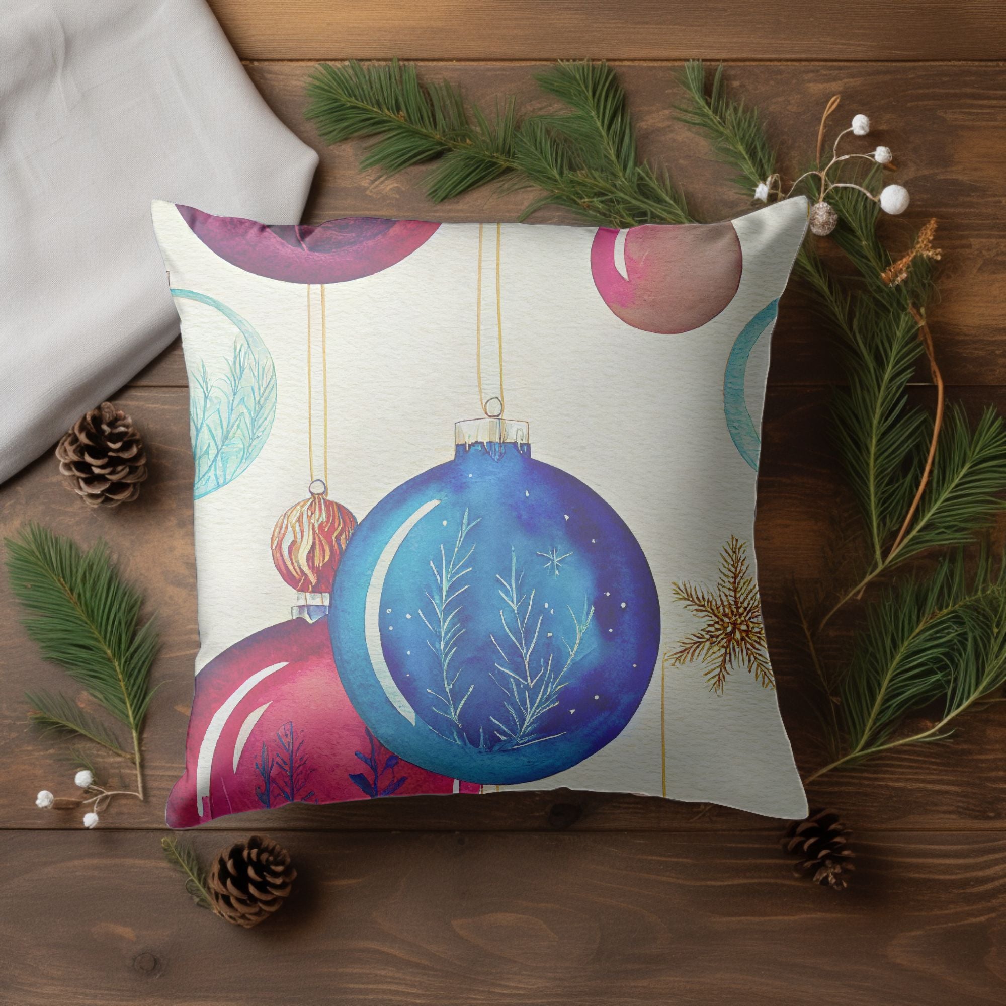 Christmas Ornaments Throw Cushion featuring vibrant holiday designs and a light cream back, perfect for festive decor.