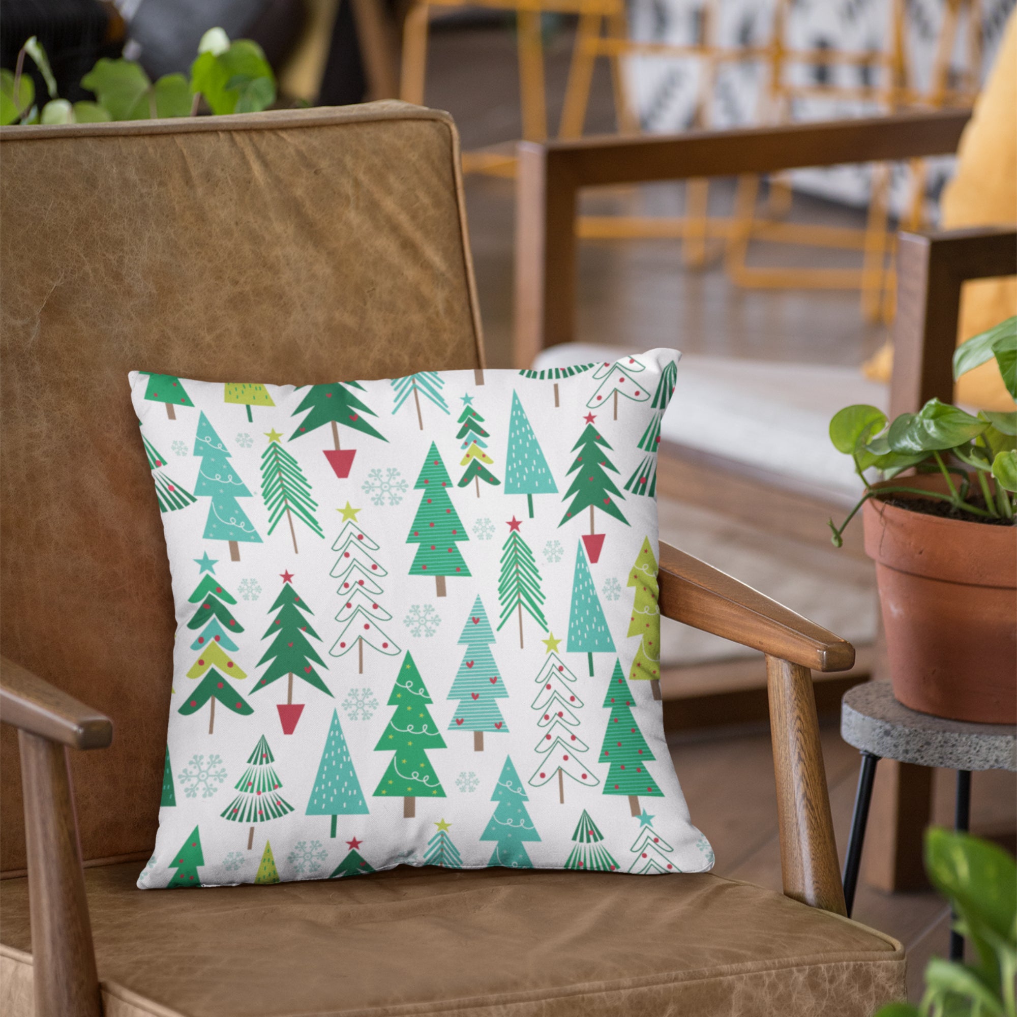 Christmas Pine Tree Pattern Decorative Throw Pillow Cushion featuring vibrant colors and festive design, perfect for holiday decor.