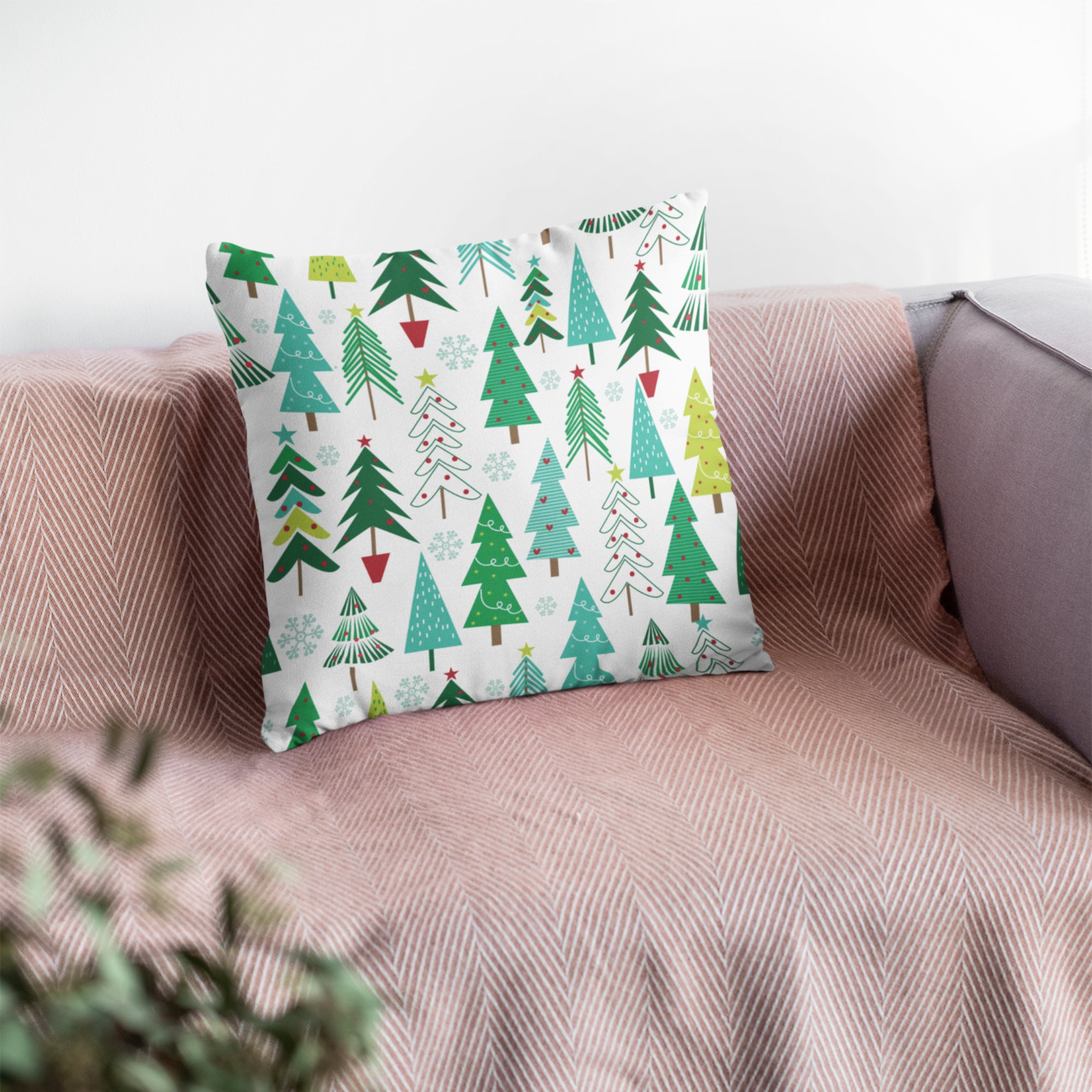 Christmas Pine Tree Pattern Decorative Throw Pillow Cushion featuring vibrant colors and festive design, perfect for holiday decor.