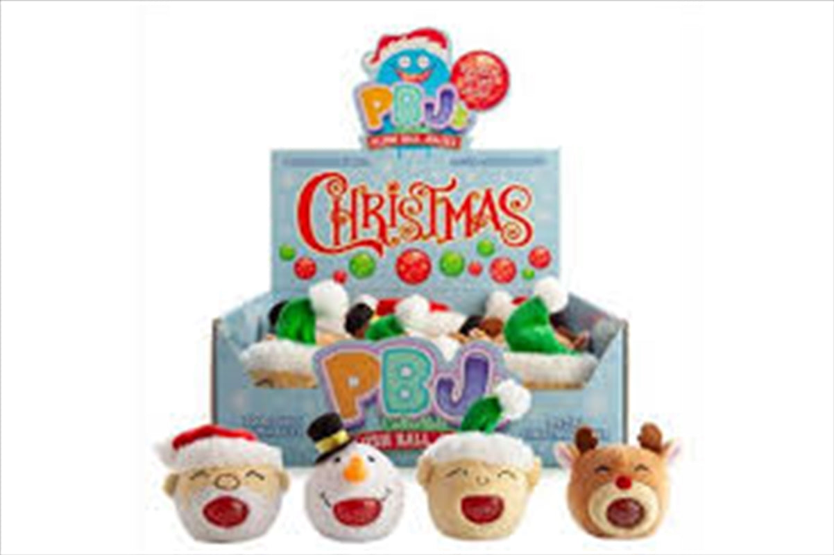 Colorful Christmas Plush Ball Jellies featuring Santa, Rudy the Reindeer, Snowball the Snowman, and Elfis the Elf, soft and squishy.