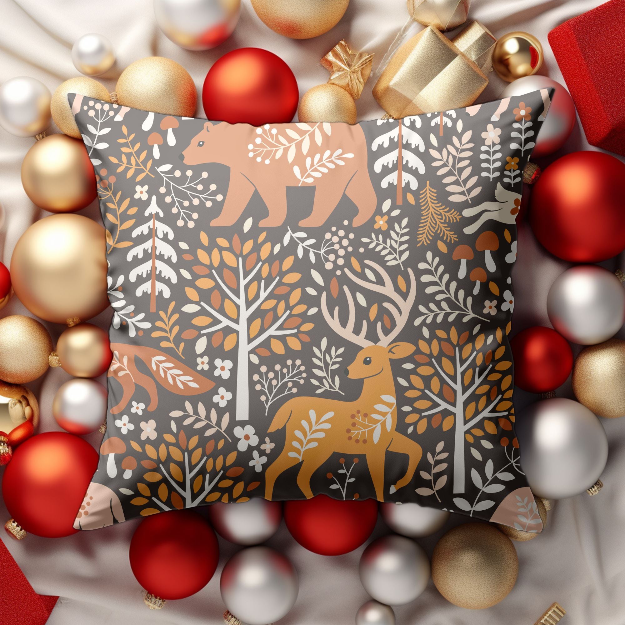 Christmas Reindeer Throw Pillow featuring a festive reindeer design on a soft fabric, perfect for holiday decor.