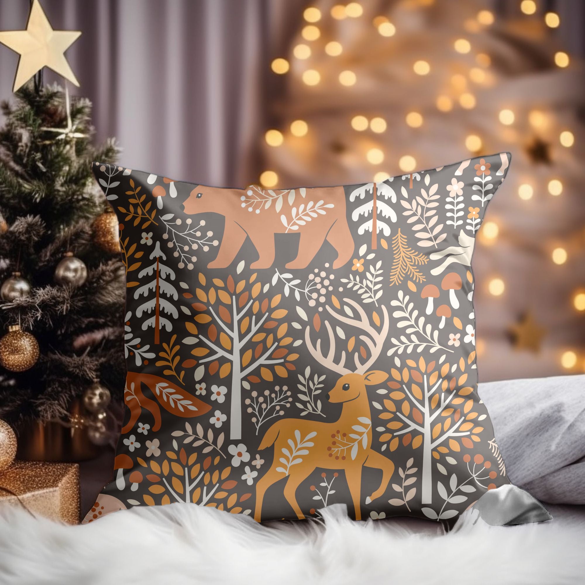 Christmas Reindeer Throw Pillow featuring a festive reindeer design on a soft fabric, perfect for holiday decor.