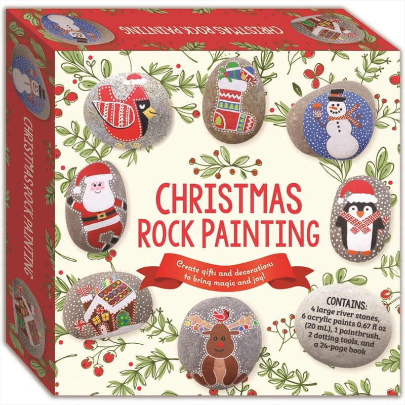 A colorful Christmas Rock Painting Activity Kit featuring smooth river rocks, vibrant paints, and brushes, perfect for festive creativity.