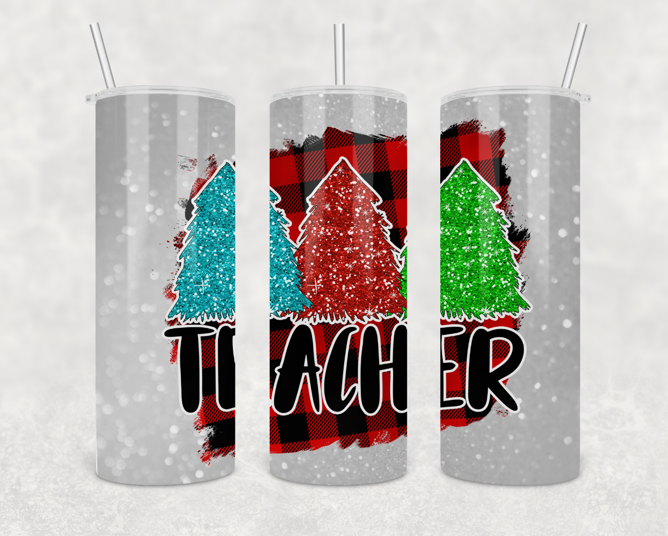 A festive Christmas Teacher 20oz Skinny Tumbler with a stainless steel body, clear lid, and silver straw, perfect for hot and cold beverages.