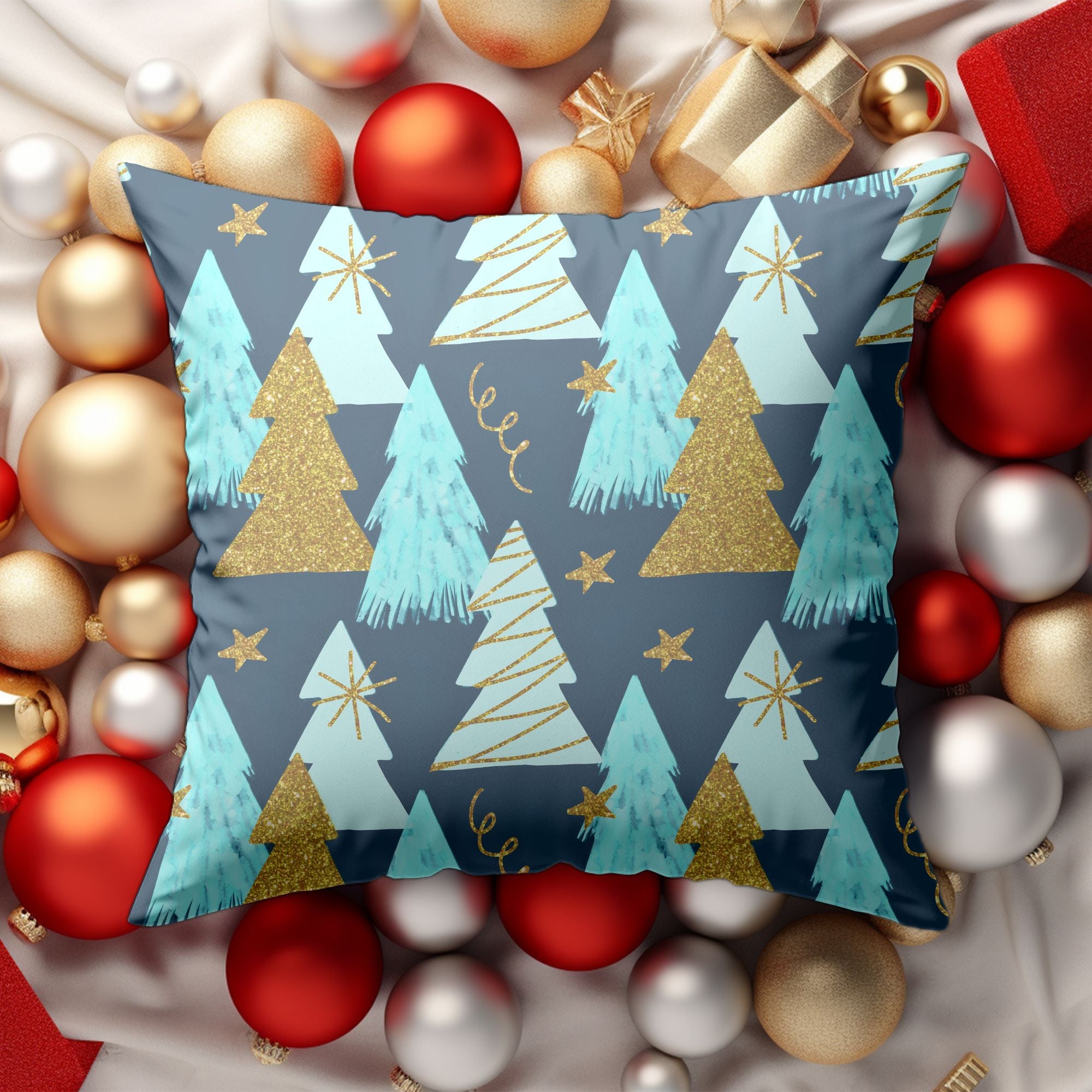 A vibrant Christmas Tree Pillow Cover featuring a colorful tree design on one side and a light cream back, perfect for festive home decor.