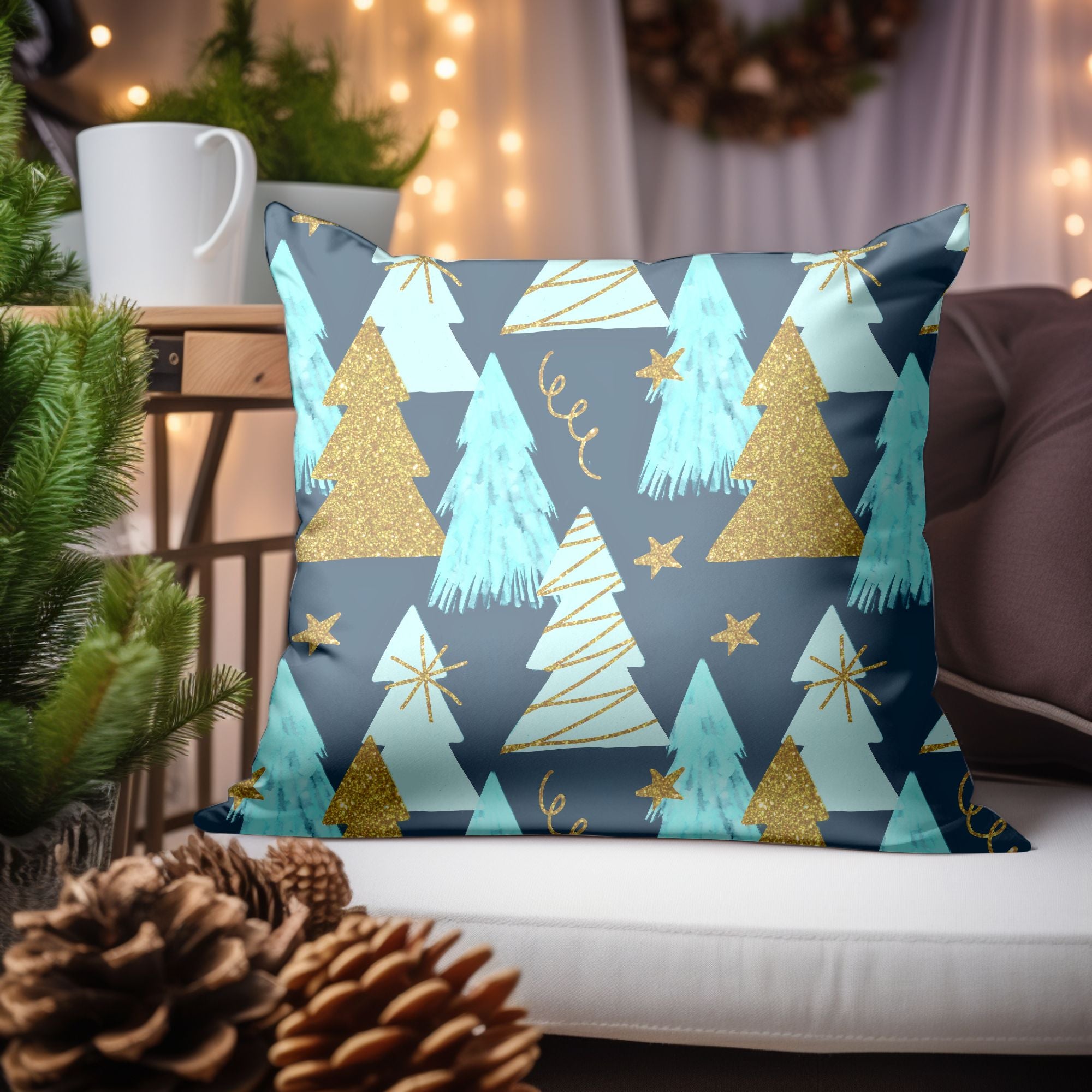 A vibrant Christmas Tree Pillow Cover featuring a colorful tree design on one side and a light cream back, perfect for festive home decor.