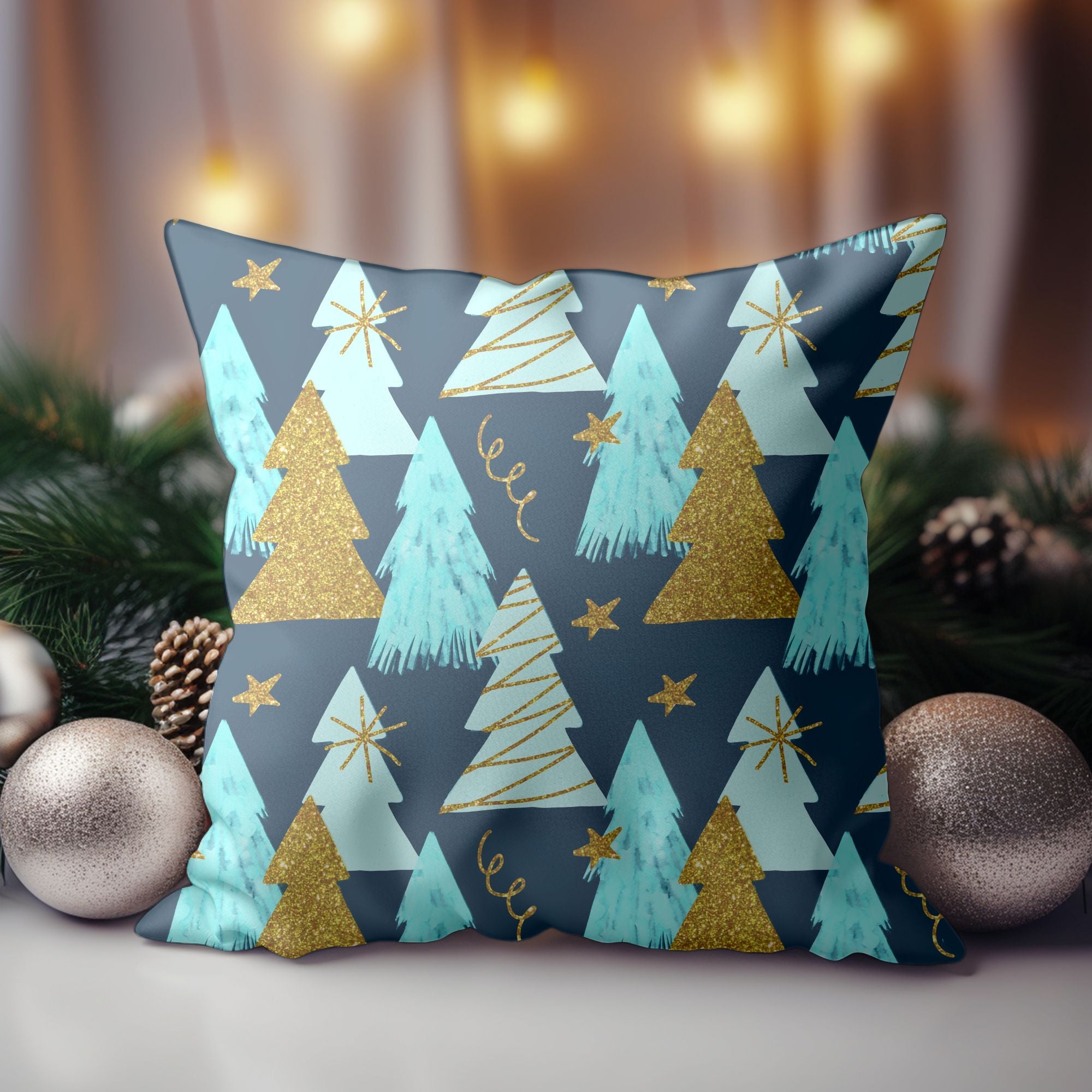 A vibrant Christmas Tree Pillow Cover featuring a colorful tree design on one side and a light cream back, perfect for festive home decor.