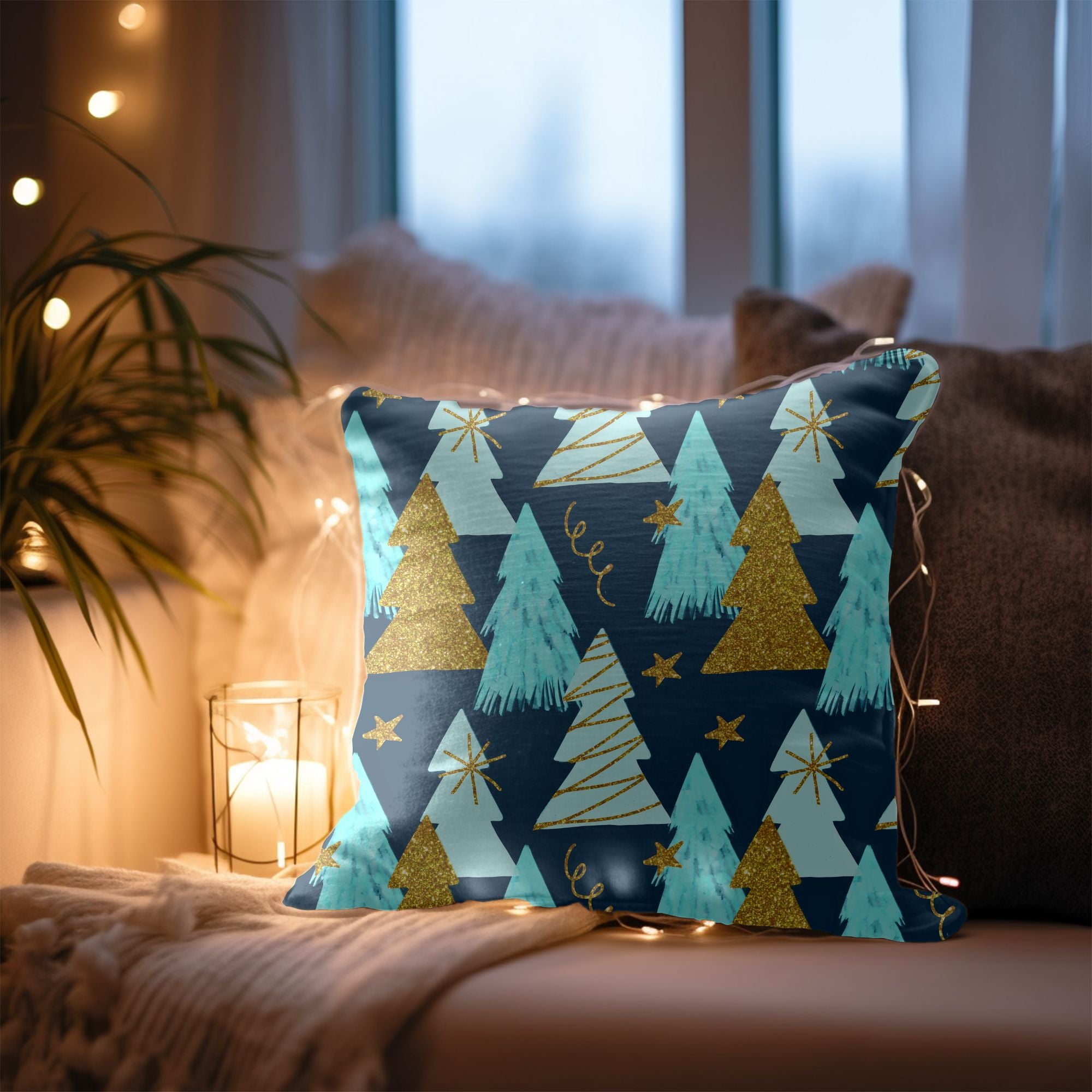 A vibrant Christmas Tree Pillow Cover featuring a colorful tree design on one side and a light cream back, perfect for festive home decor.