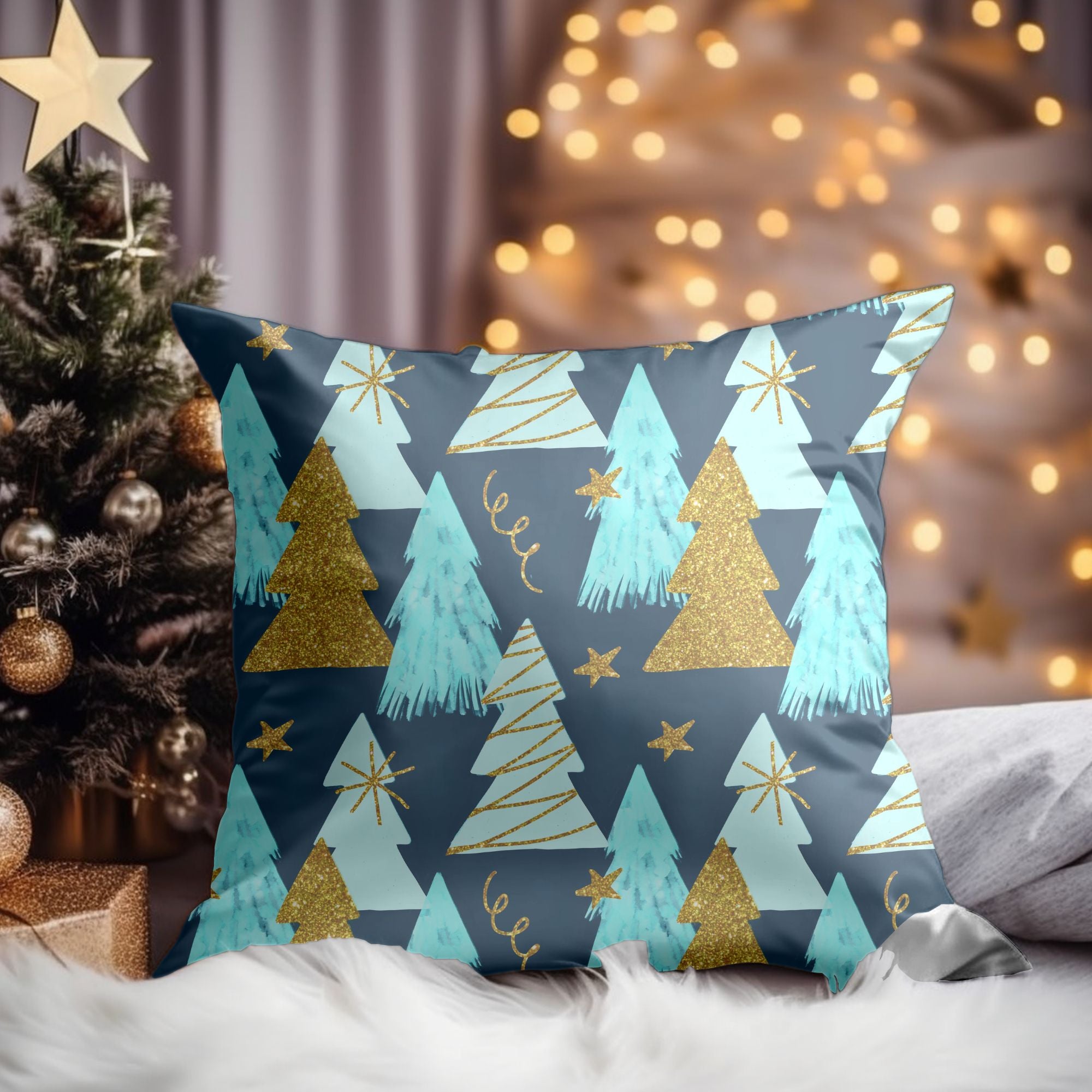 A vibrant Christmas Tree Pillow Cover featuring a colorful tree design on one side and a light cream back, perfect for festive home decor.