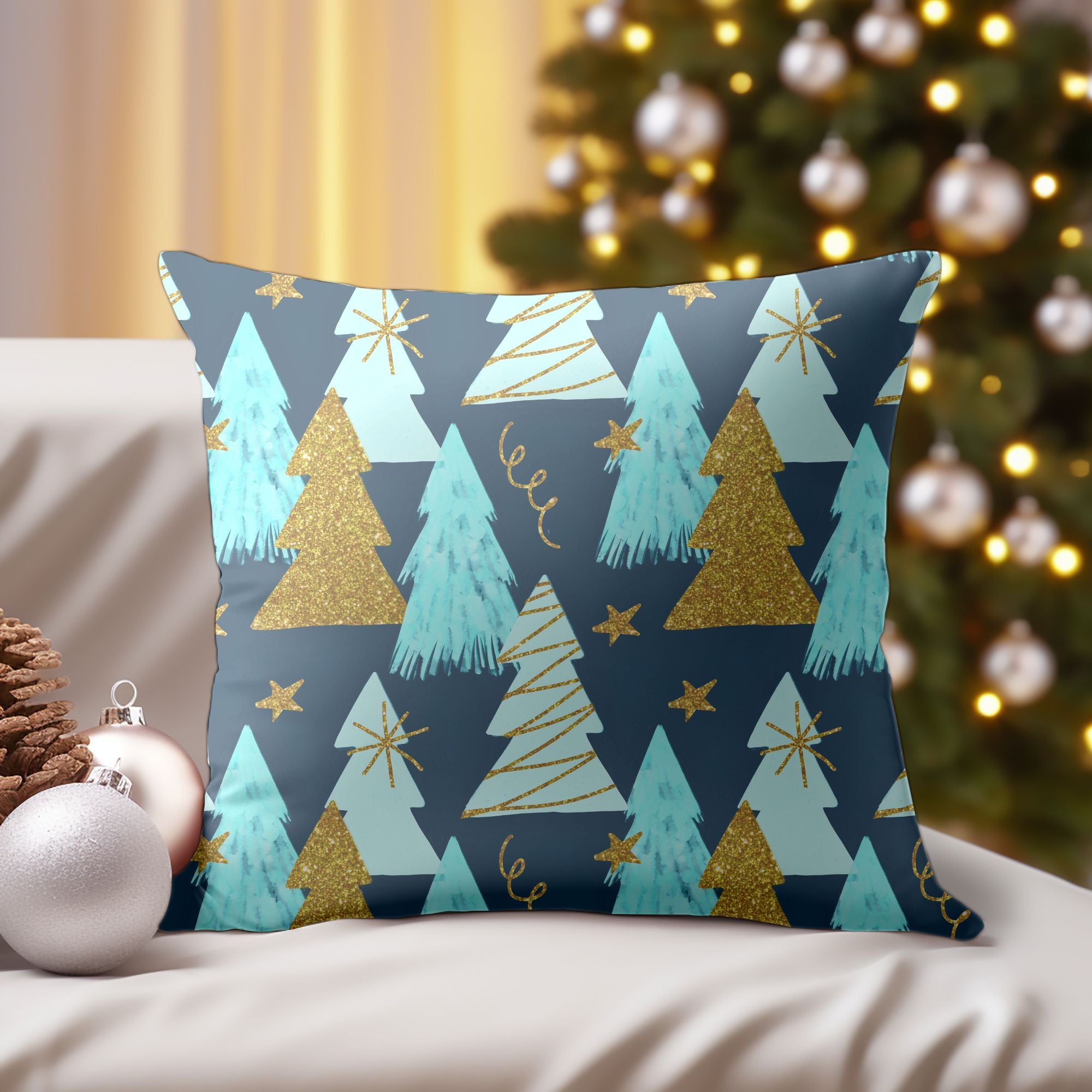 A vibrant Christmas Tree Pillow Cover featuring a colorful tree design on one side and a light cream back, perfect for festive home decor.