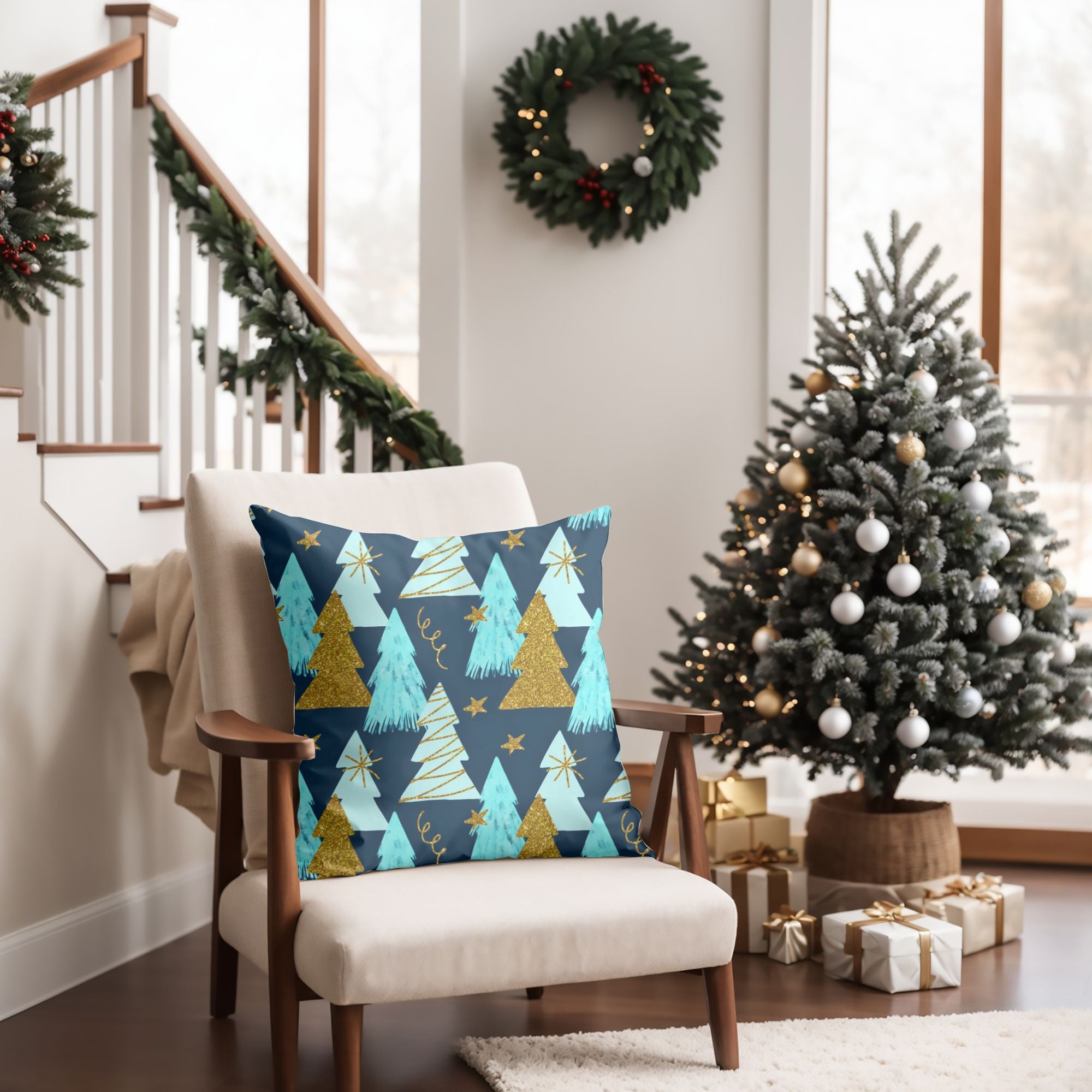 A vibrant Christmas Tree Pillow Cover featuring a colorful tree design on one side and a light cream back, perfect for festive home decor.