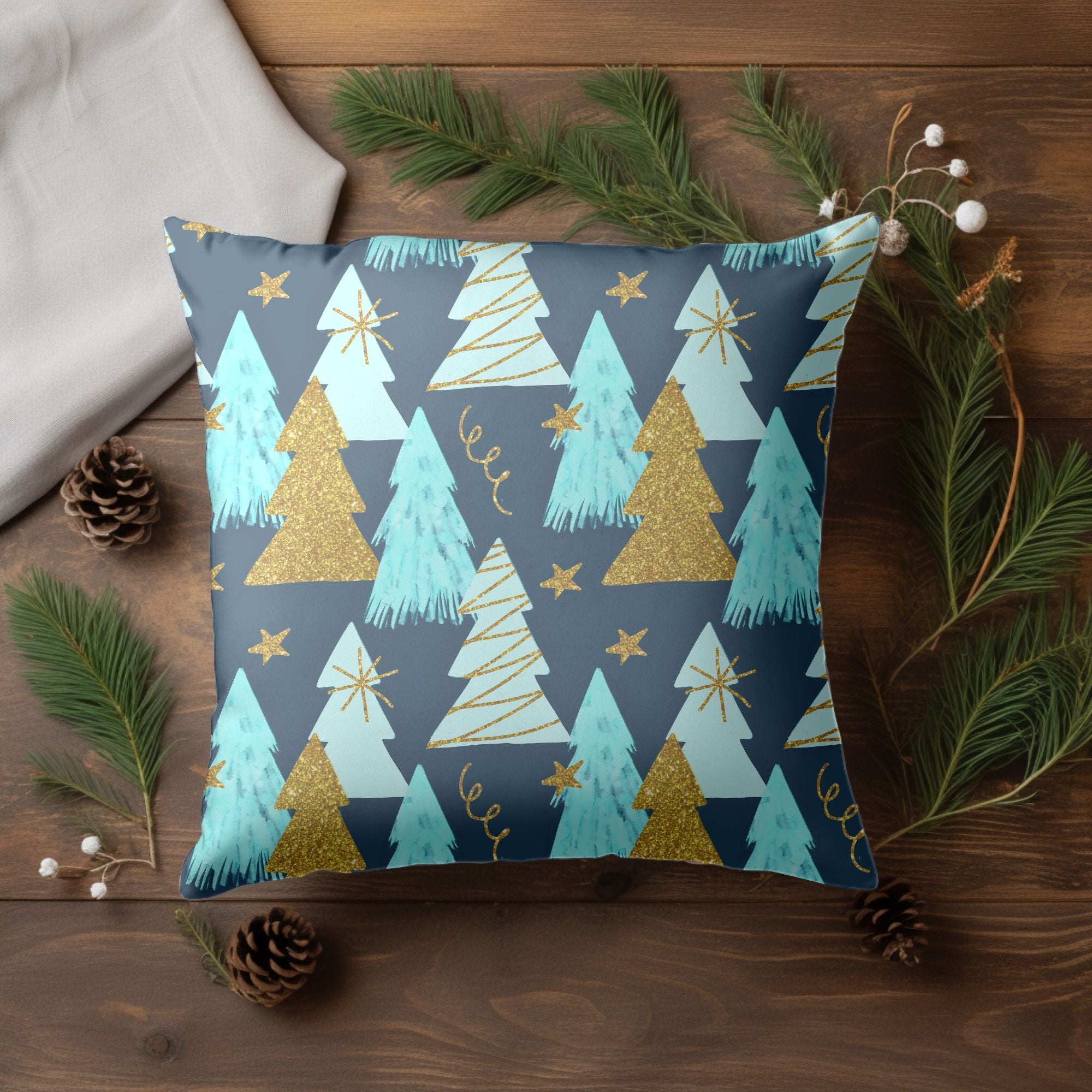 A vibrant Christmas Tree Pillow Cover featuring a colorful tree design on one side and a light cream back, perfect for festive home decor.