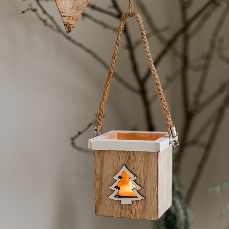 Christmas Tree Wood Box Candle Holder Ornament with hemp rope, natural wood color, and glass holder for candles.