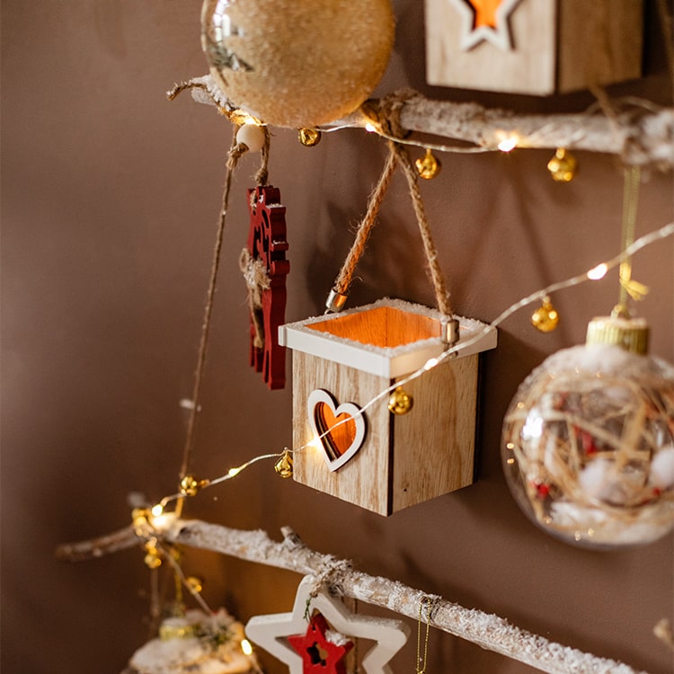 Christmas Tree Wood Box Candle Holder Ornament with hemp rope, natural wood color, and glass holder for candles.