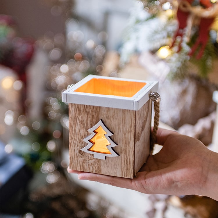 Christmas Tree Wood Box Candle Holder Ornament with hemp rope, natural wood color, and glass holder for candles.