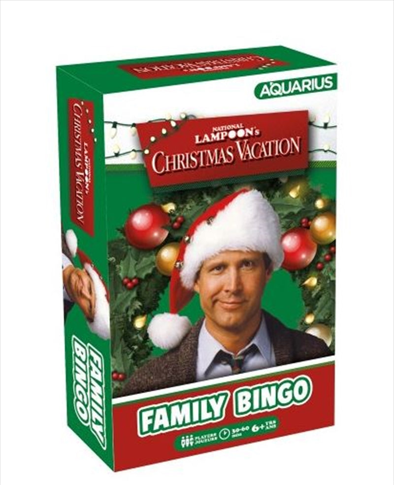 A festive Christmas Vacation Family Bingo game set, featuring colorful bingo cards and holiday-themed markers.