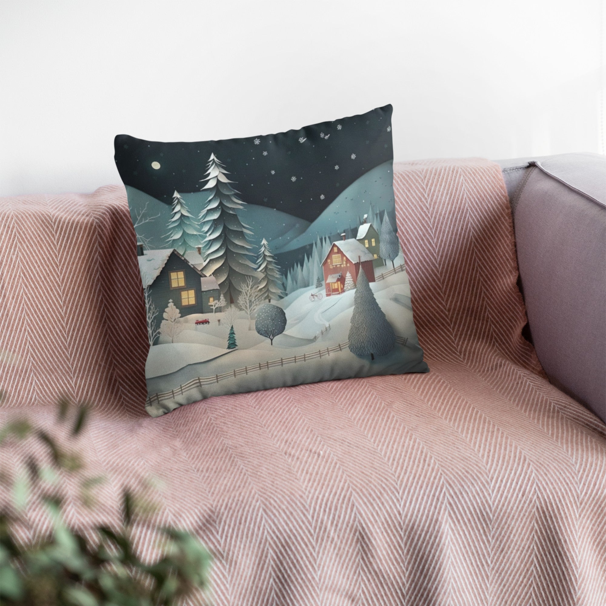 Christmas Village Throw Pillow Cushion featuring a festive village design, perfect for holiday decor, with a light cream back.