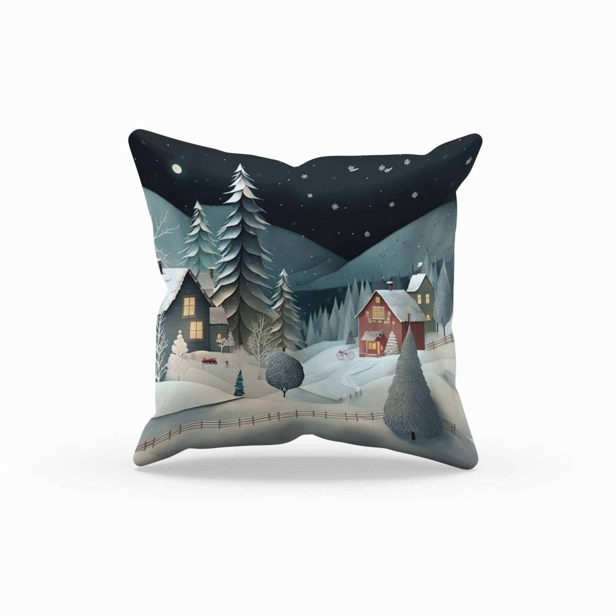 Christmas Village Throw Pillow Cushion featuring a festive village design, perfect for holiday decor, with a light cream back.