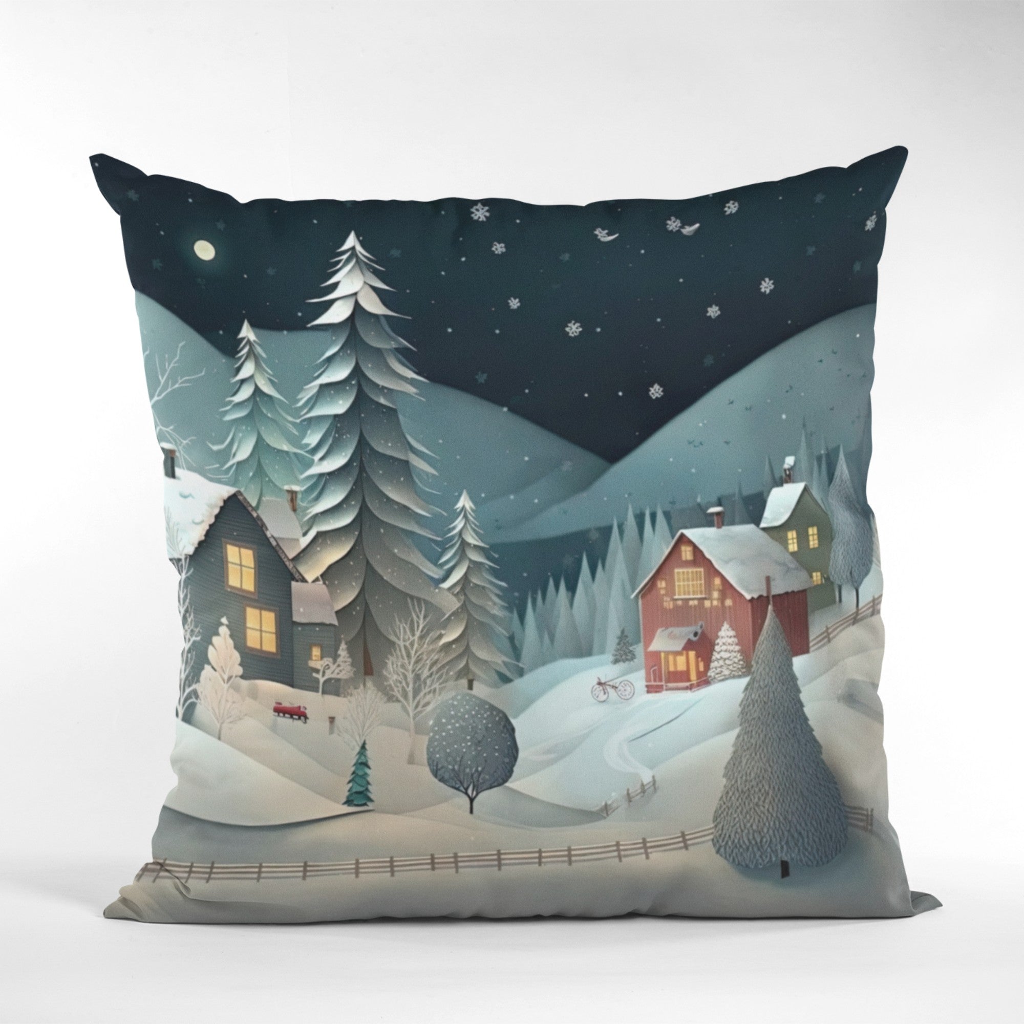 Christmas Village Throw Pillow Cushion featuring a festive village design, perfect for holiday decor, with a light cream back.