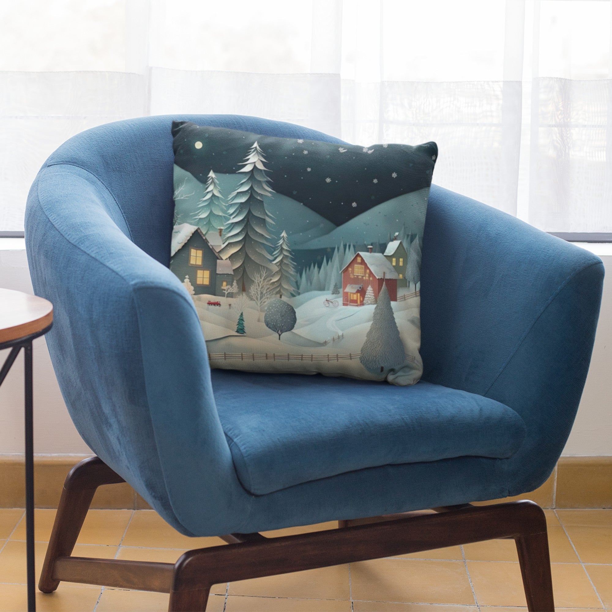 Christmas Village Throw Pillow Cushion featuring a festive village design, perfect for holiday decor, with a light cream back.