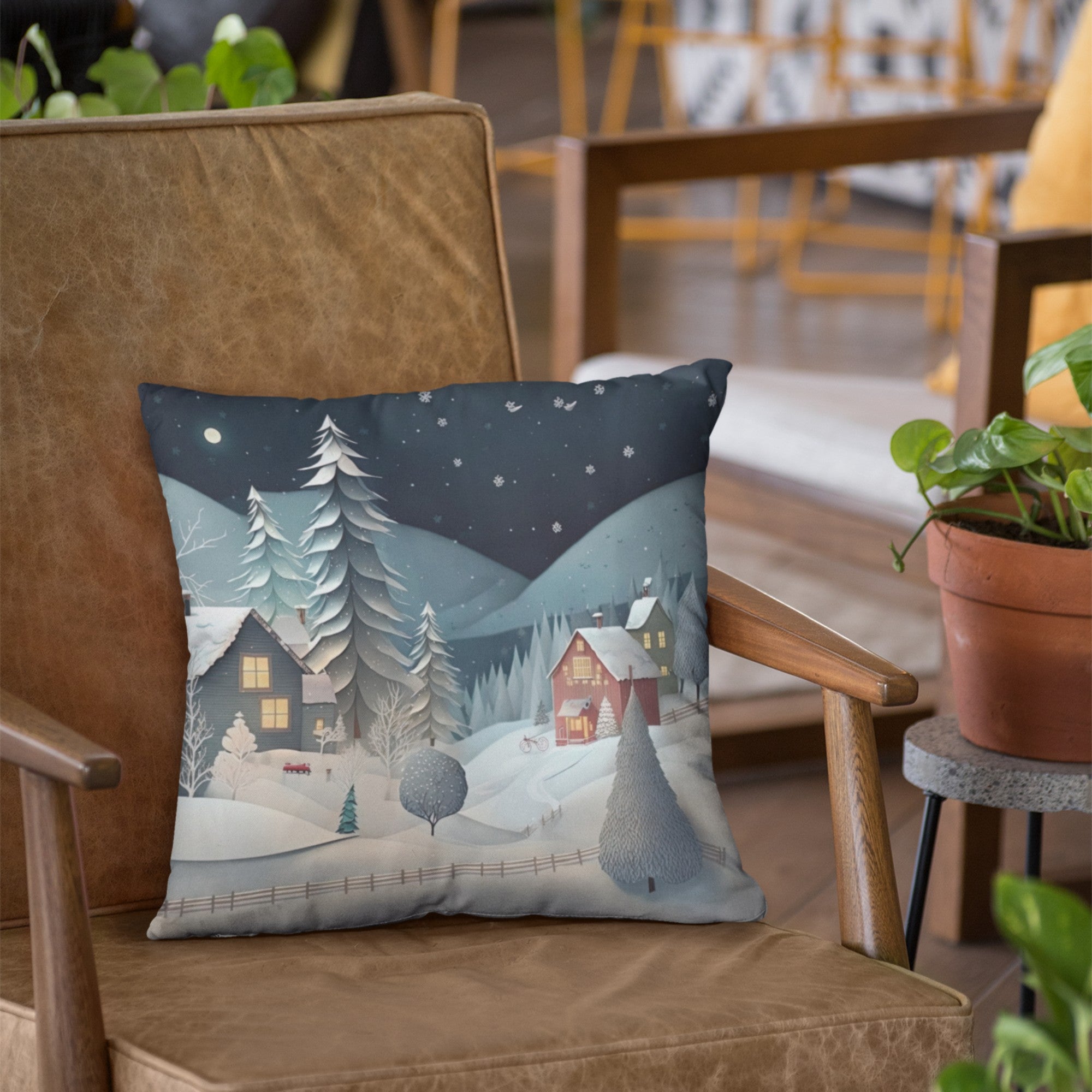 Christmas Village Throw Pillow Cushion featuring a festive village design, perfect for holiday decor, with a light cream back.