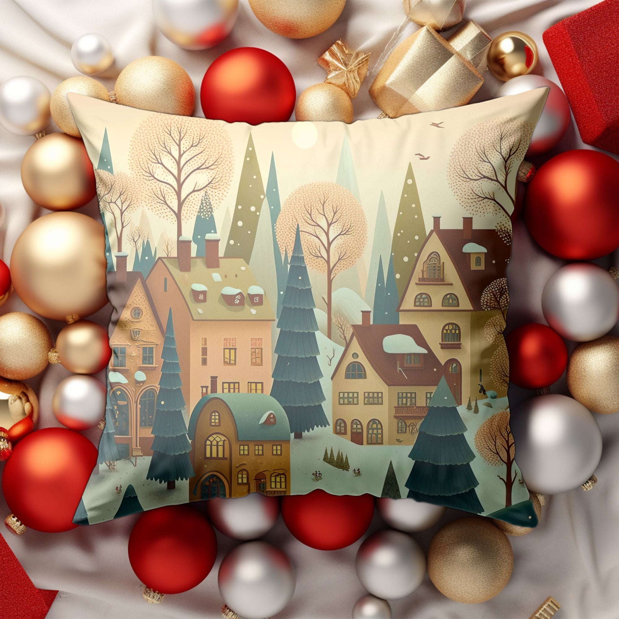 Christmas Village Throw Pillow featuring vibrant colors and festive designs, perfect for holiday decor.