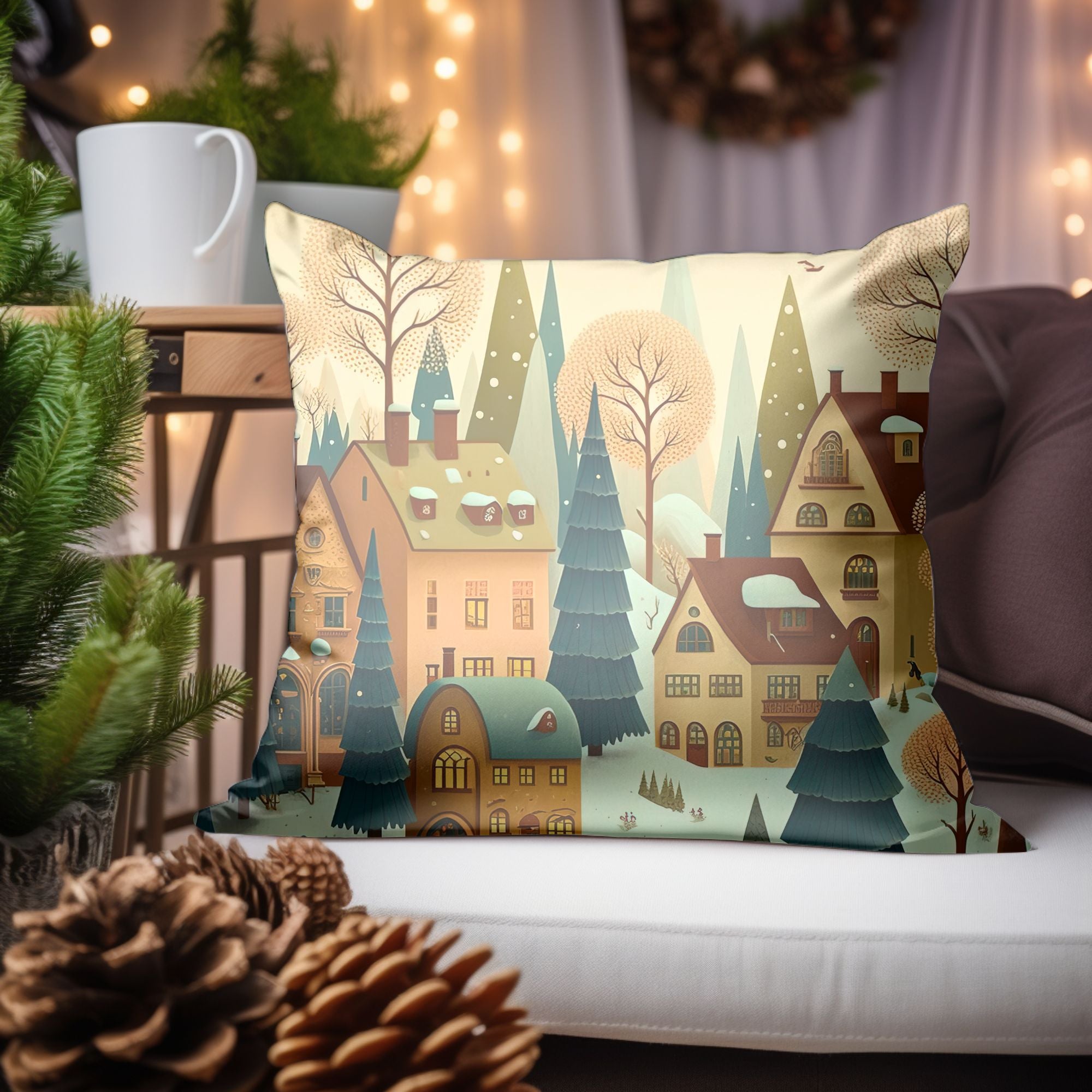 Christmas Village Throw Pillow featuring vibrant colors and festive designs, perfect for holiday decor.