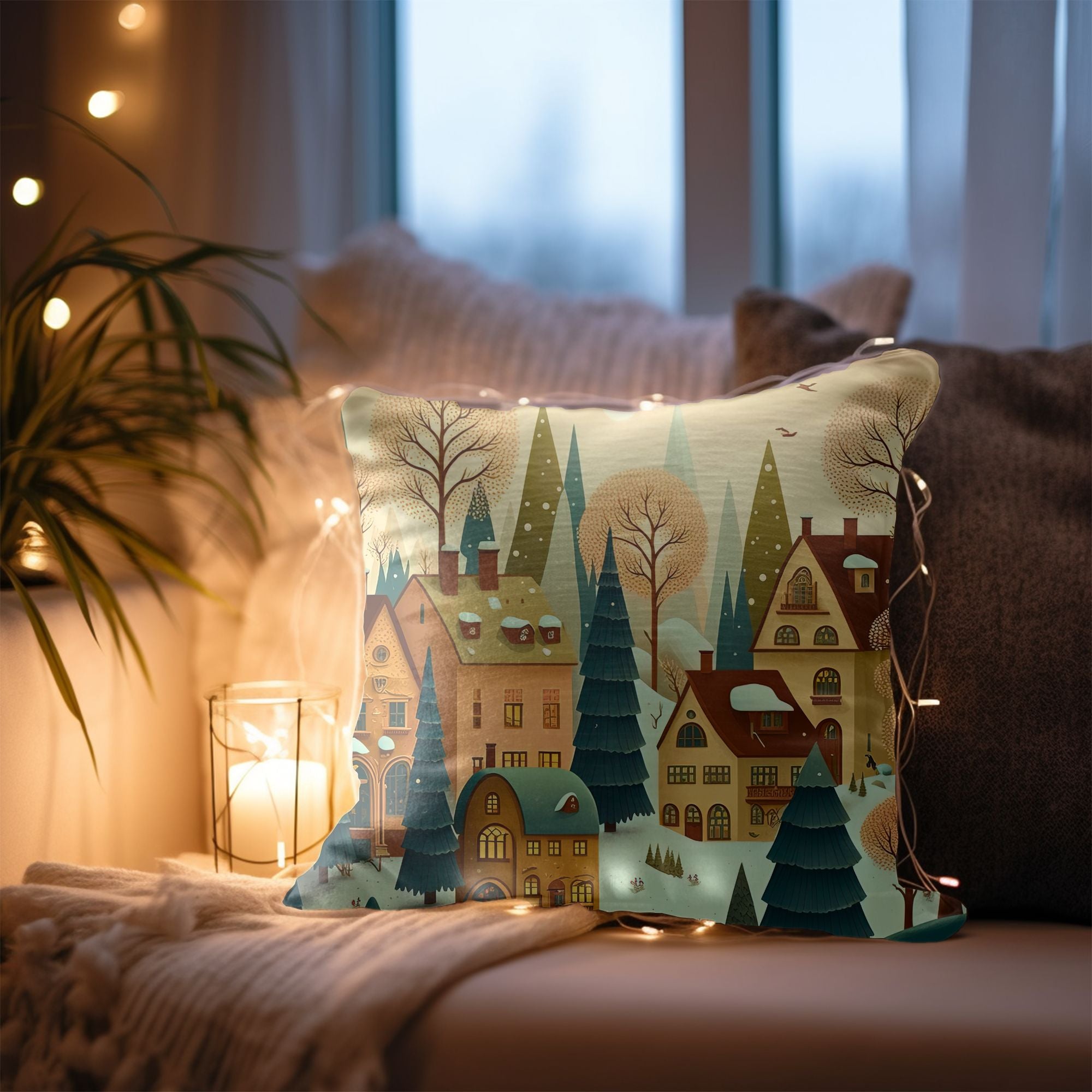 Christmas Village Throw Pillow featuring vibrant colors and festive designs, perfect for holiday decor.