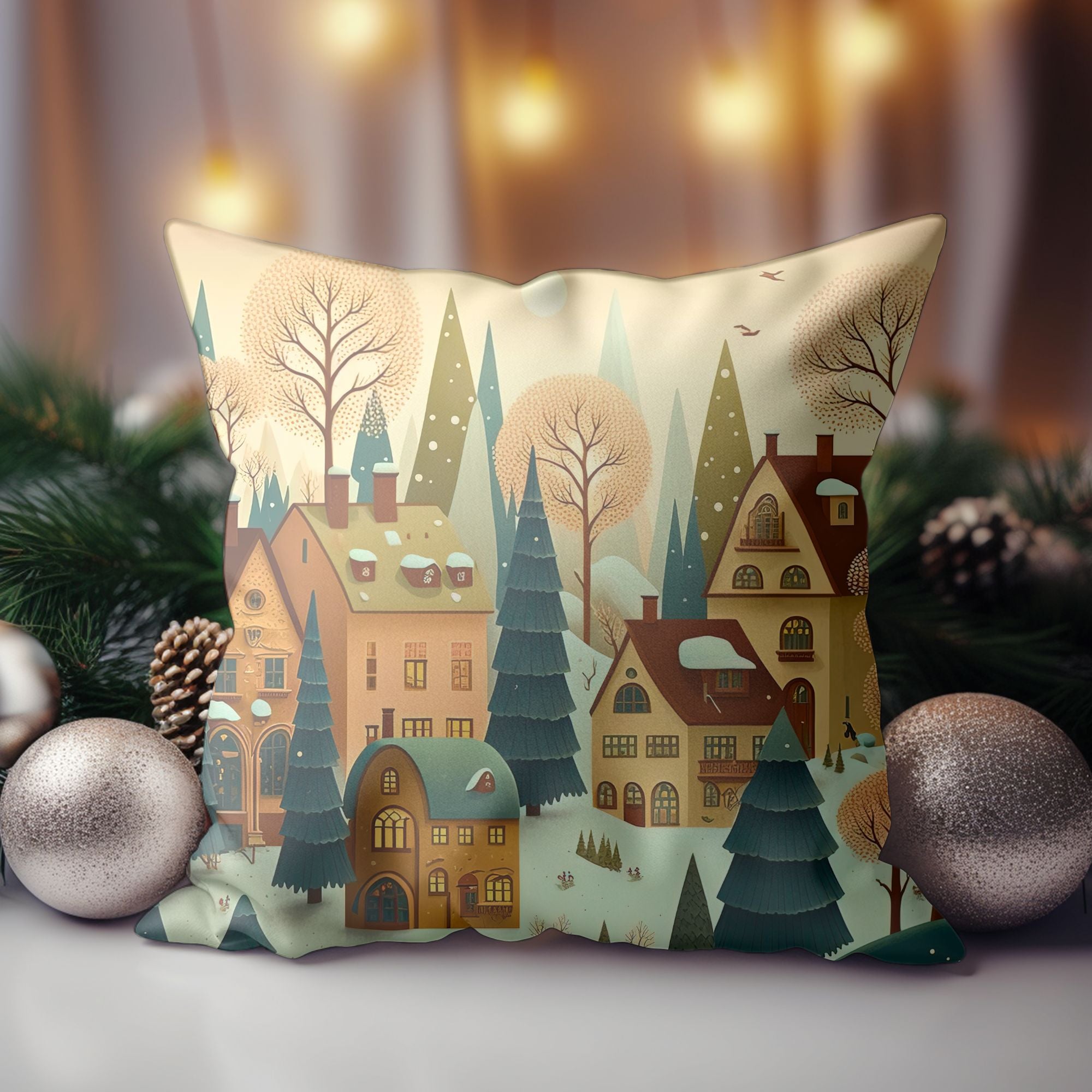 Christmas Village Throw Pillow featuring vibrant colors and festive designs, perfect for holiday decor.