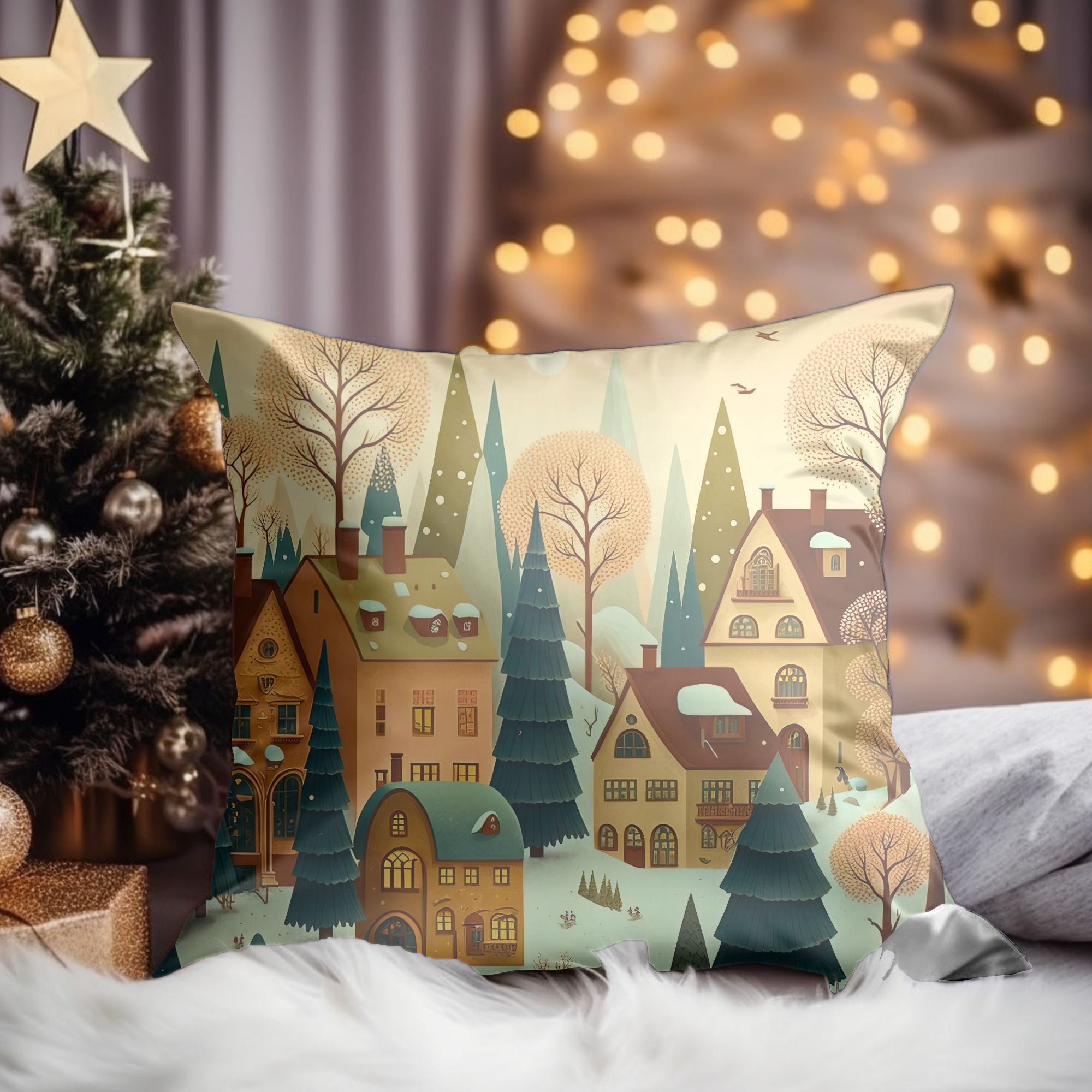 Christmas Village Throw Pillow featuring vibrant colors and festive designs, perfect for holiday decor.