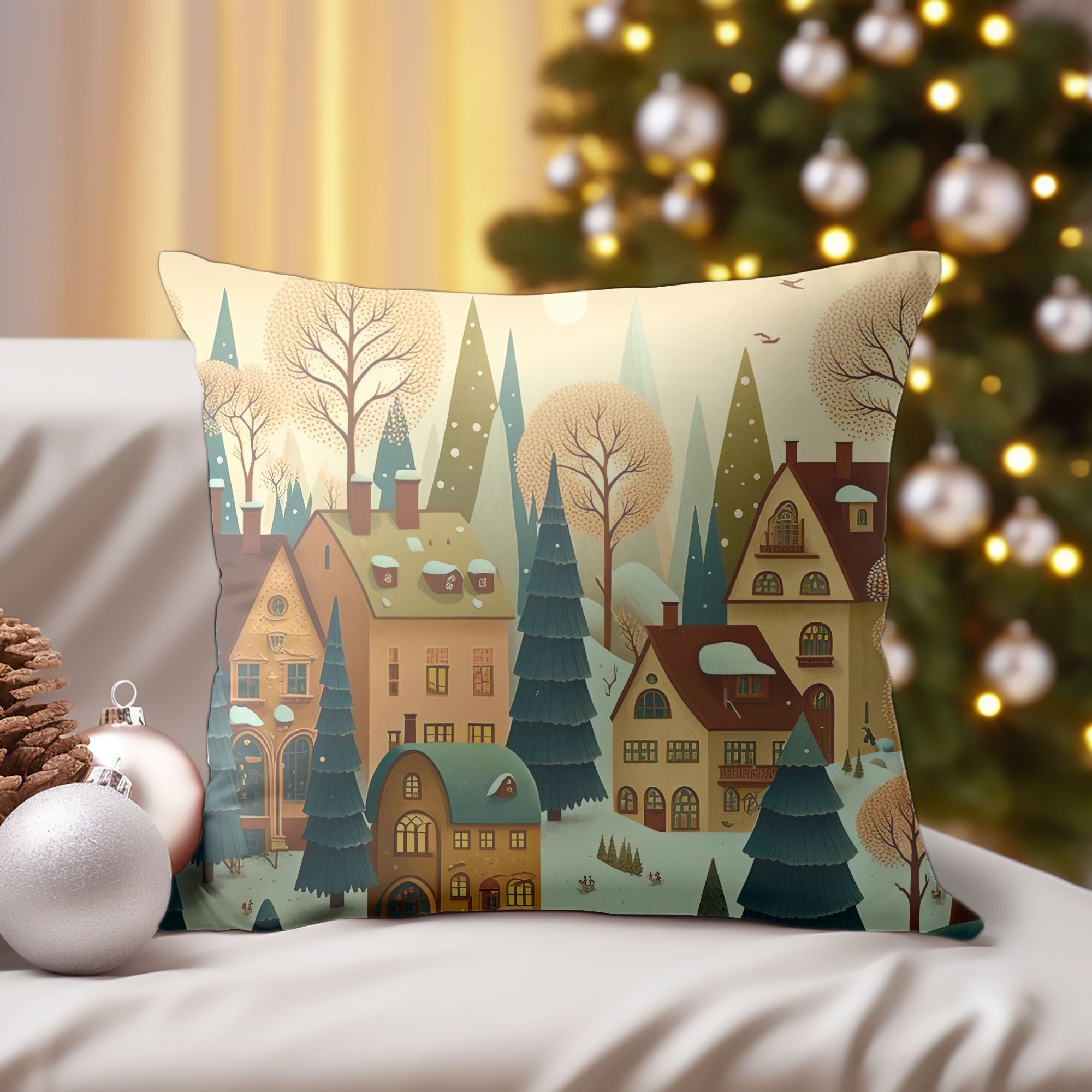 Christmas Village Throw Pillow featuring vibrant colors and festive designs, perfect for holiday decor.