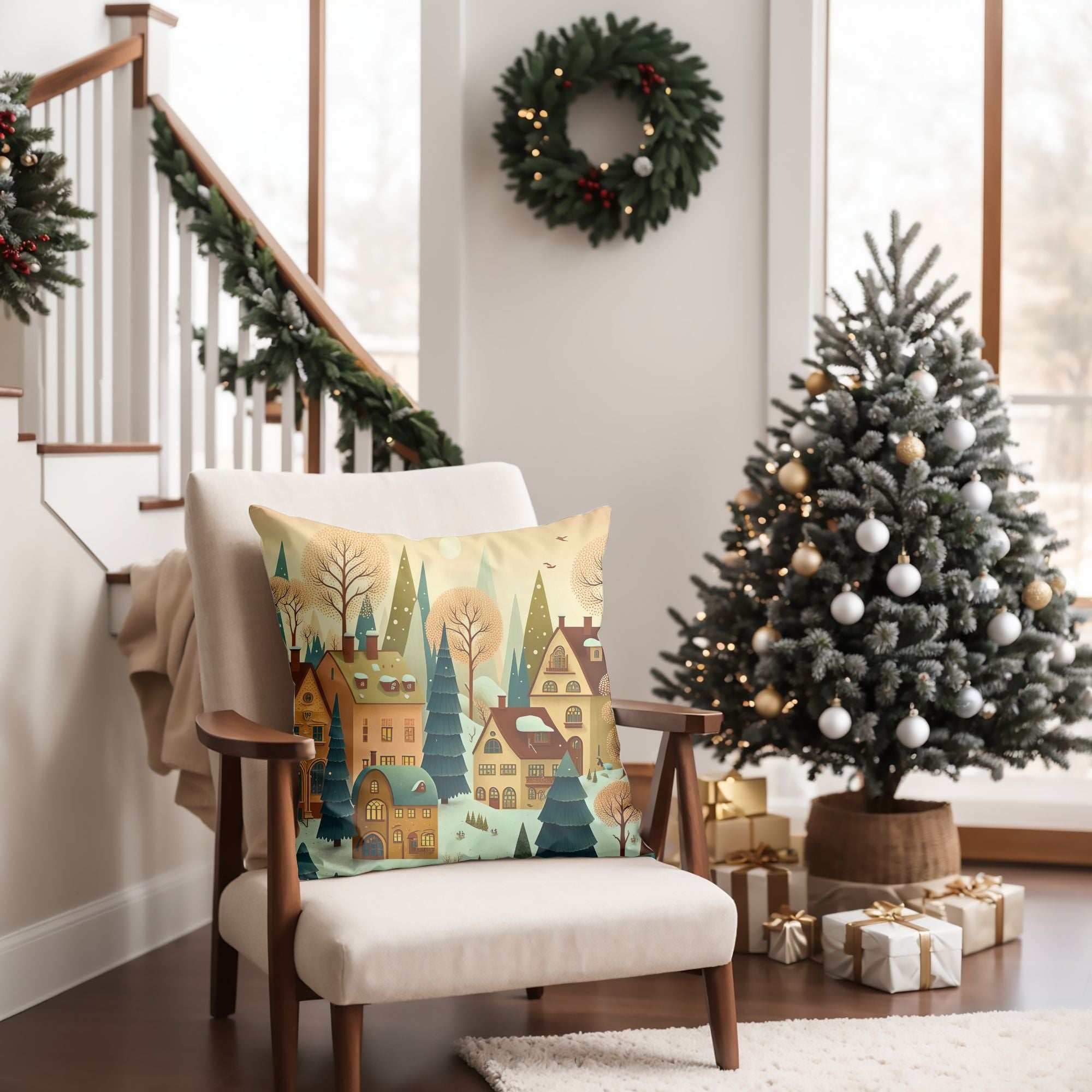 Christmas Village Throw Pillow featuring vibrant colors and festive designs, perfect for holiday decor.