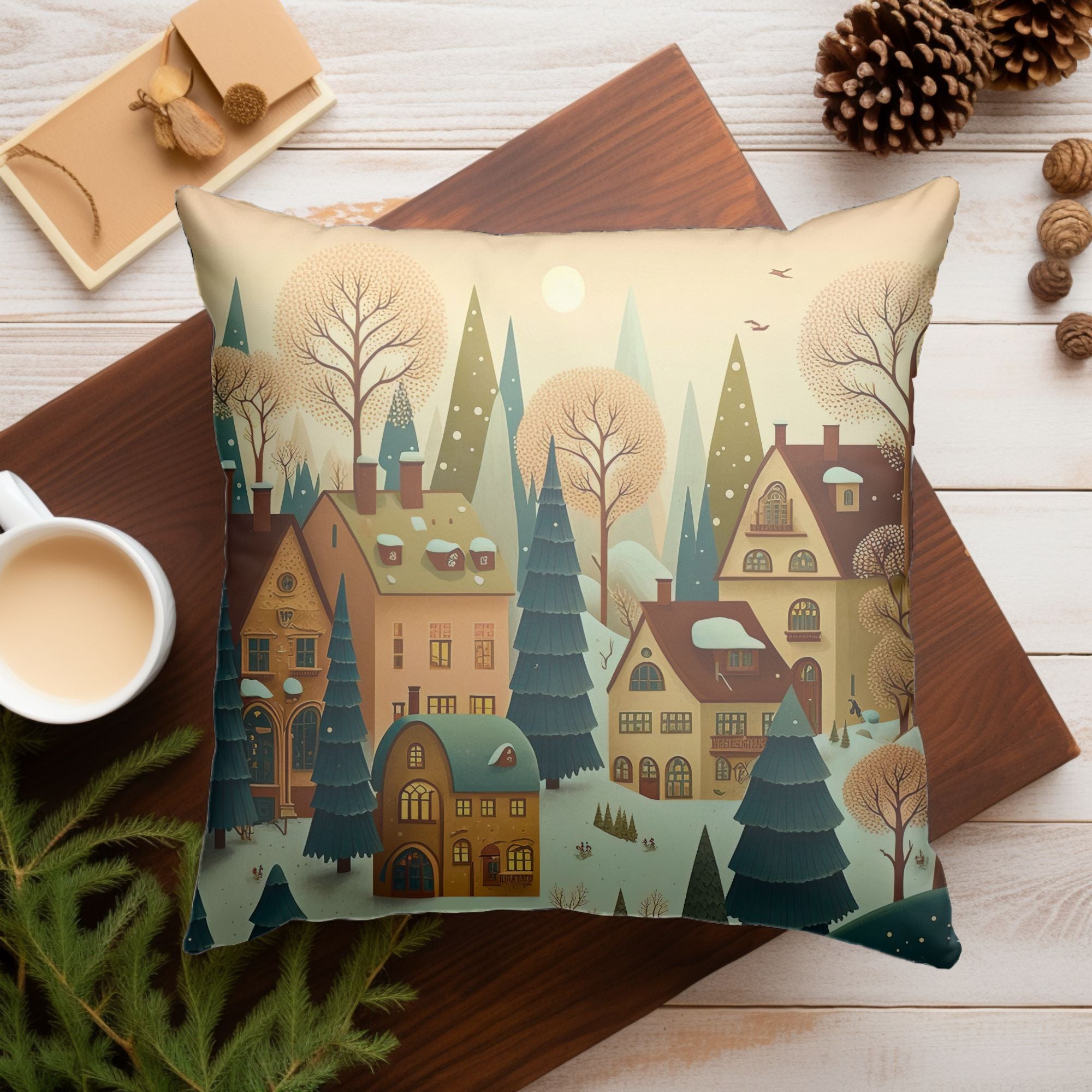 Christmas Village Throw Pillow featuring vibrant colors and festive designs, perfect for holiday decor.