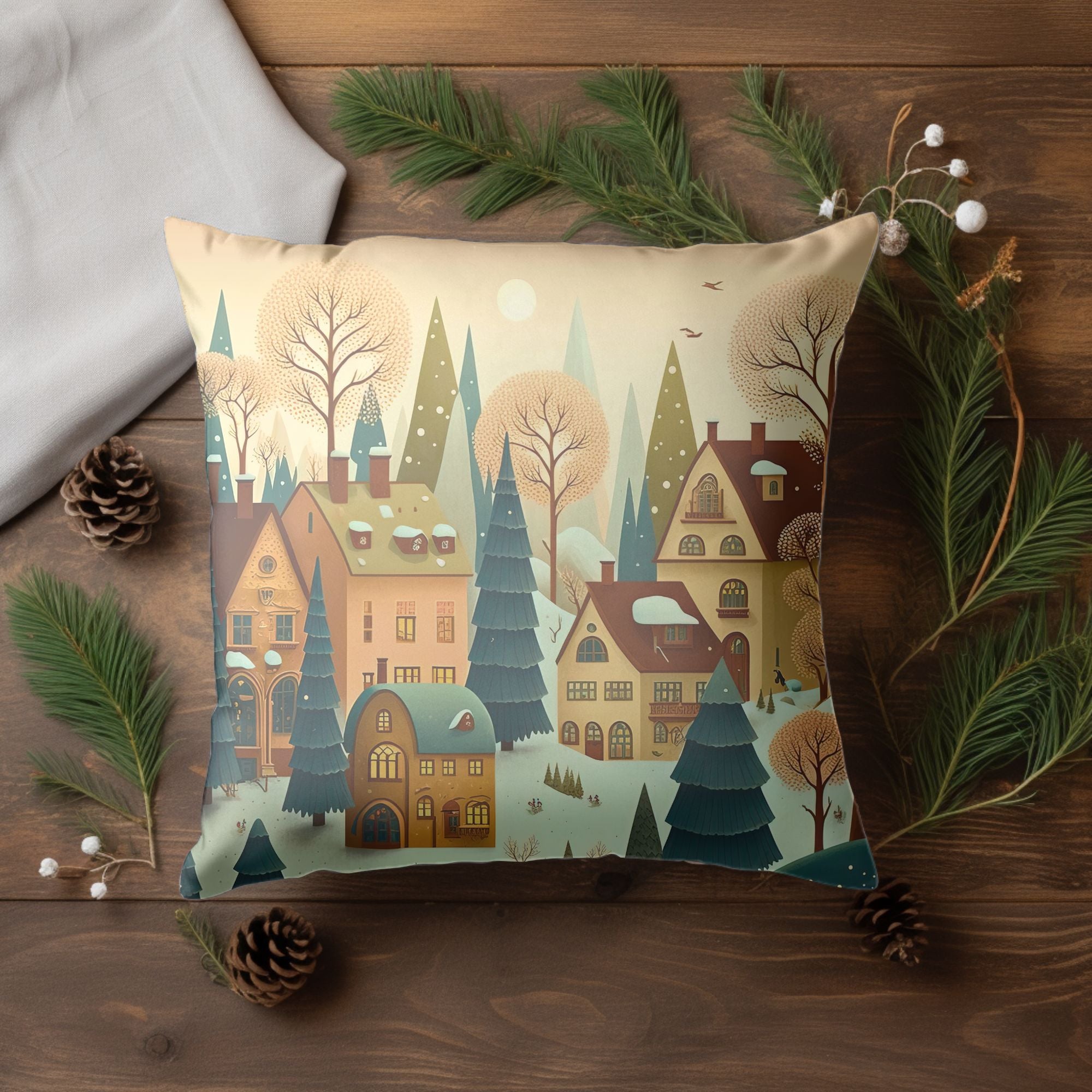 Christmas Village Throw Pillow featuring vibrant colors and festive designs, perfect for holiday decor.