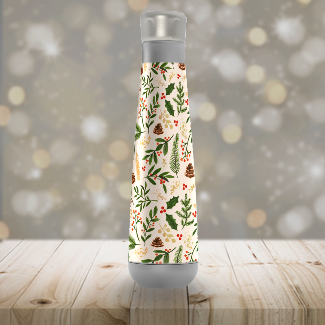 Christmas Watercolor Peristyle Water Bottle featuring a vibrant watercolor design, stainless steel construction, and a screw-on lid.