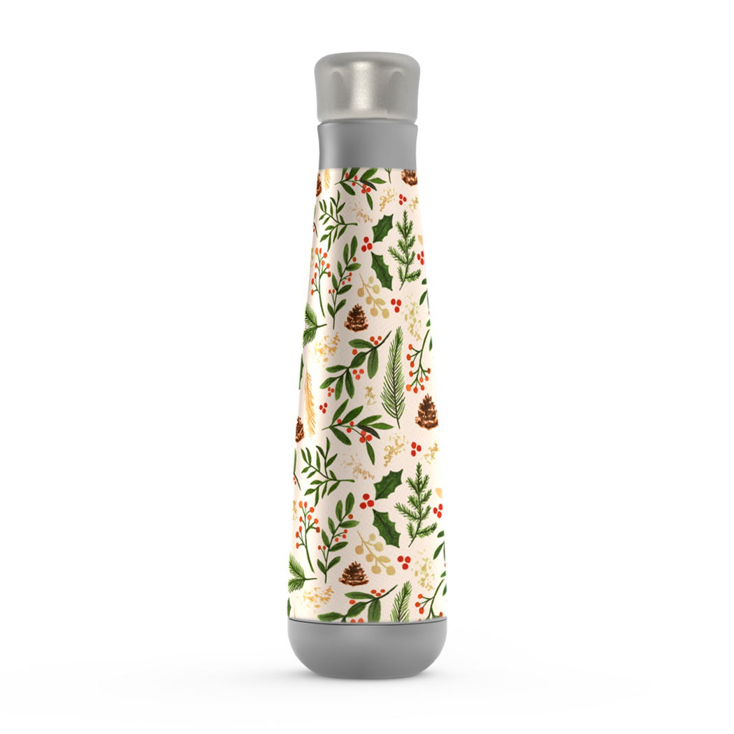 Christmas Watercolor Peristyle Water Bottle featuring a vibrant watercolor design, stainless steel construction, and a screw-on lid.