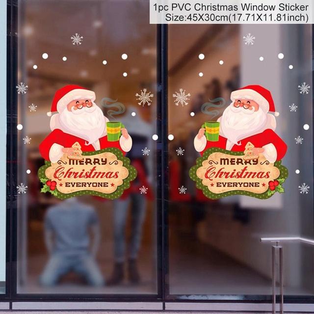 Colorful Christmas window stickers featuring Santa, snowflakes, and festive designs for holiday decoration.