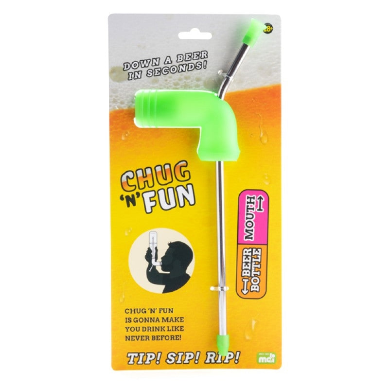 Chug N Fun Green Beer Funnel with stainless steel straw, perfect for parties and quick chugging.