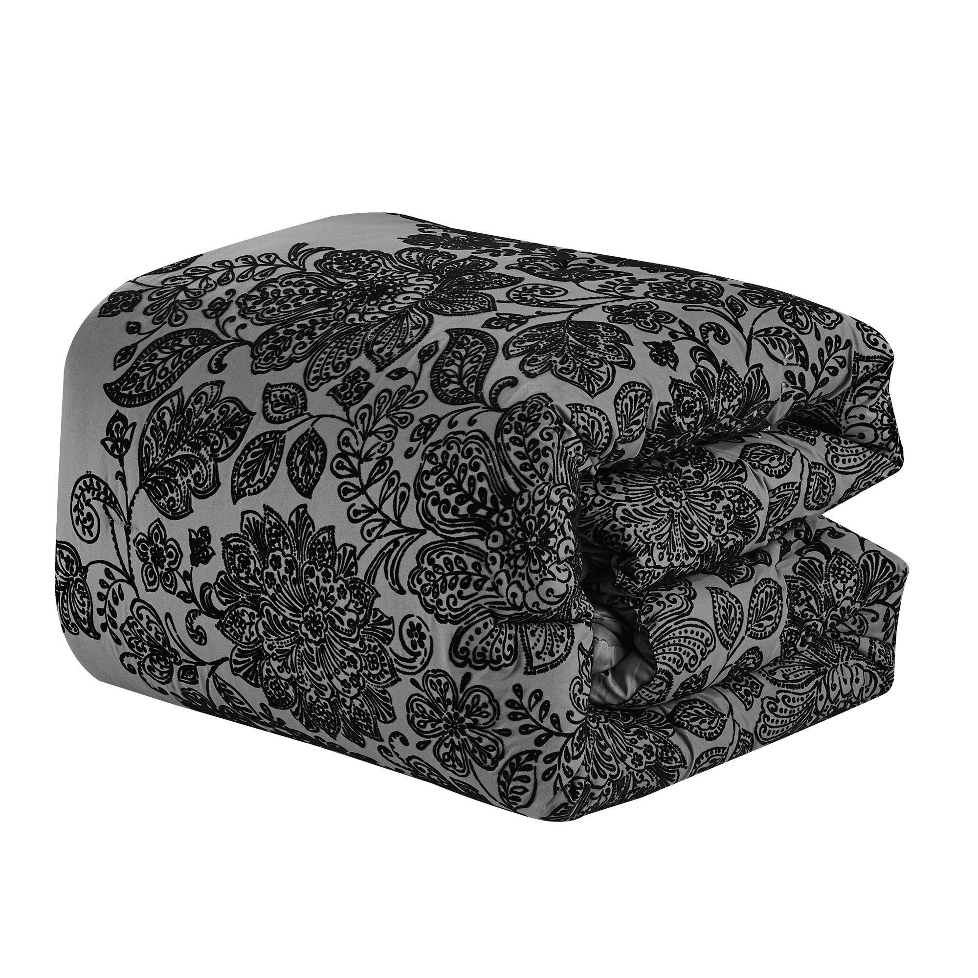 Chuki Contemporary Floral Black Comforter Set featuring elegant jacquard fabric with floral and medallion patterns, displayed on a neatly made bed.